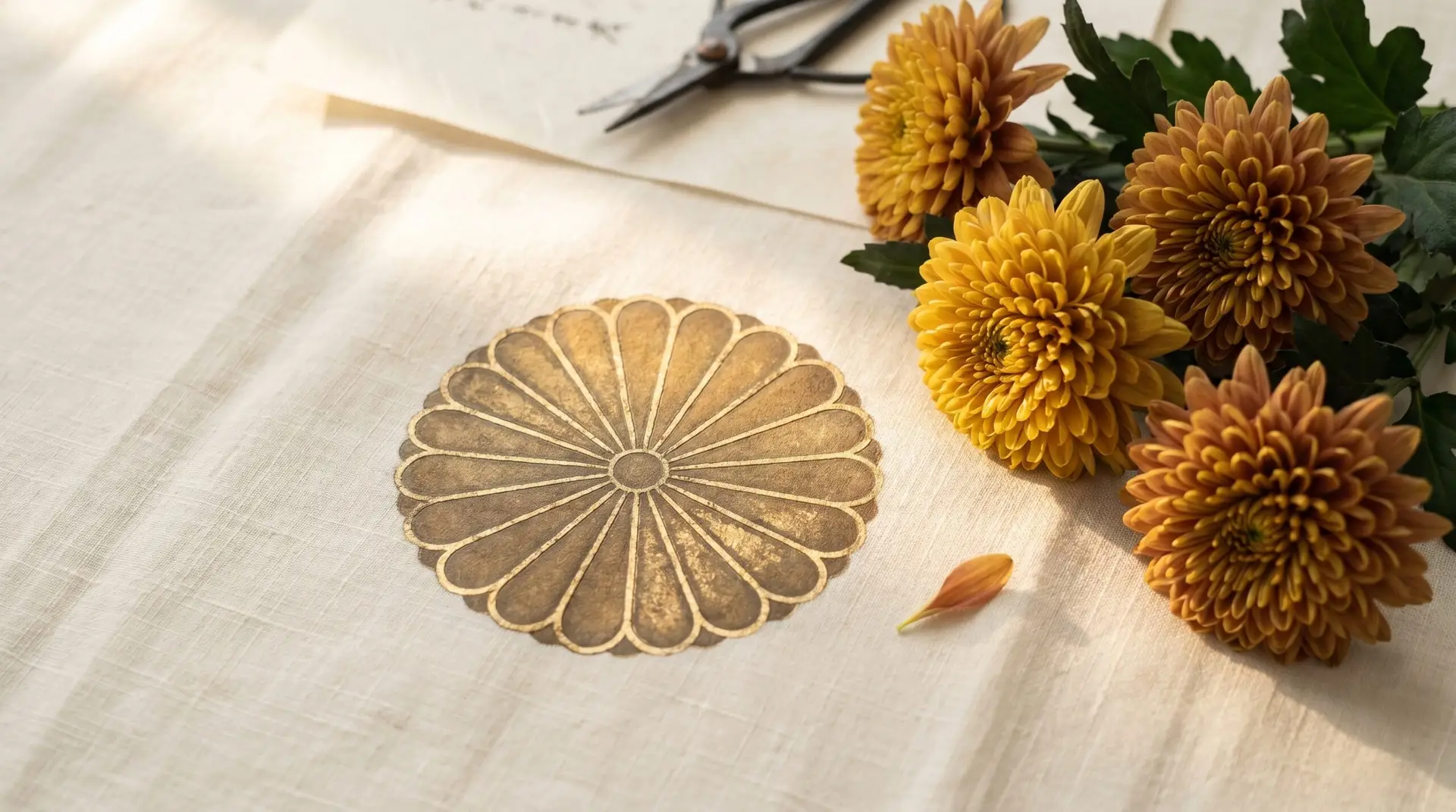 Stylized chrysanthemum seal design beside fresh golden yellow chrysanthemums Imperial Japan heritage
