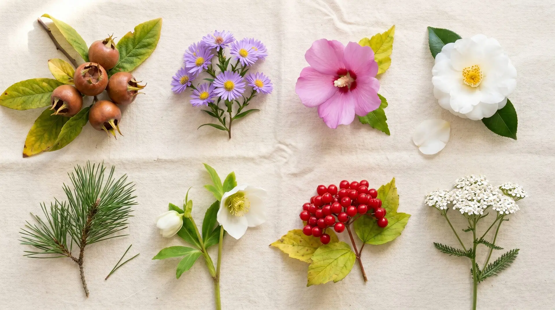 Korean November birth flower variety flat-lay with chrysanthemum camellia hibiscus and eulalia grass