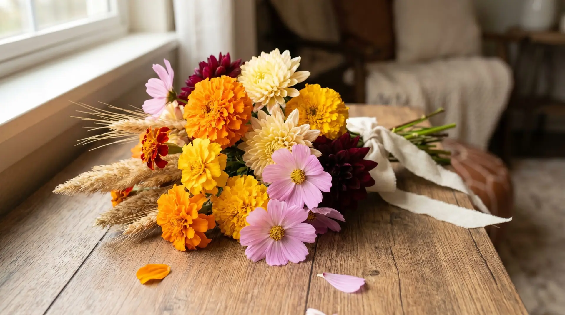 October birthday bouquet with orange marigolds pink cosmos chrysanthemums and dahlias on wood