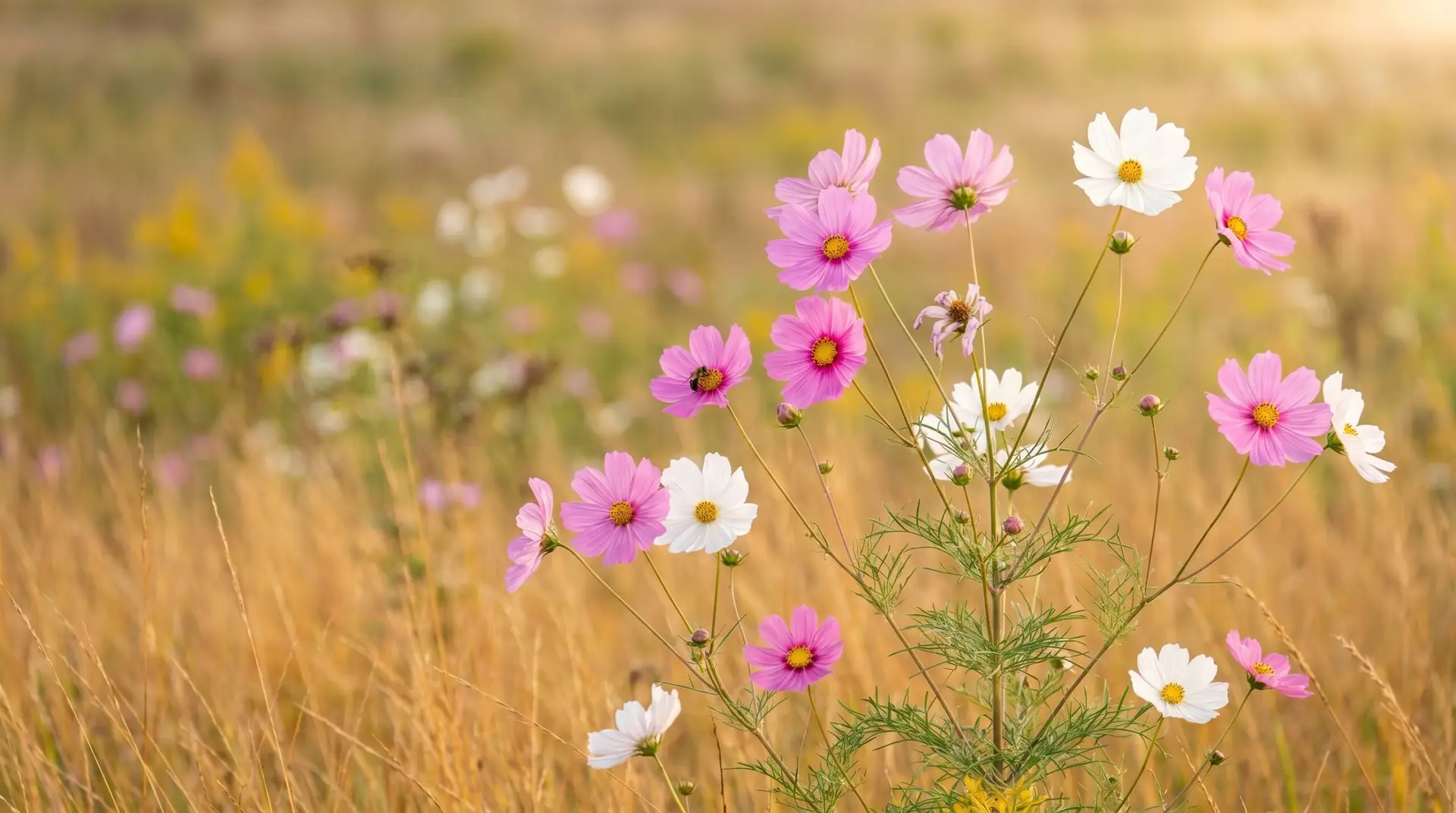 Pink and white garden cosmos blooming on slender airy stems in late autumn meadow setting