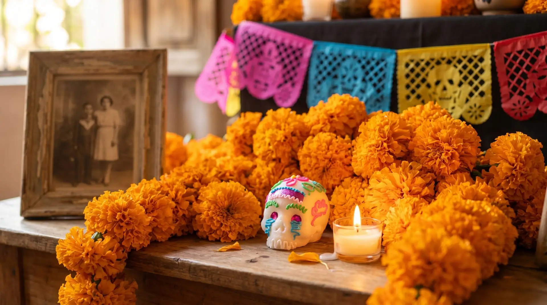 Mexican Day of the Dead altar with cempasúchil marigolds sugar skull candle and papel picado