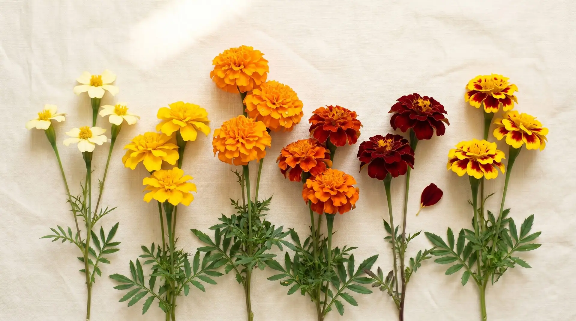 Six marigold color varieties from cream to burgundy arranged for botanical color reference