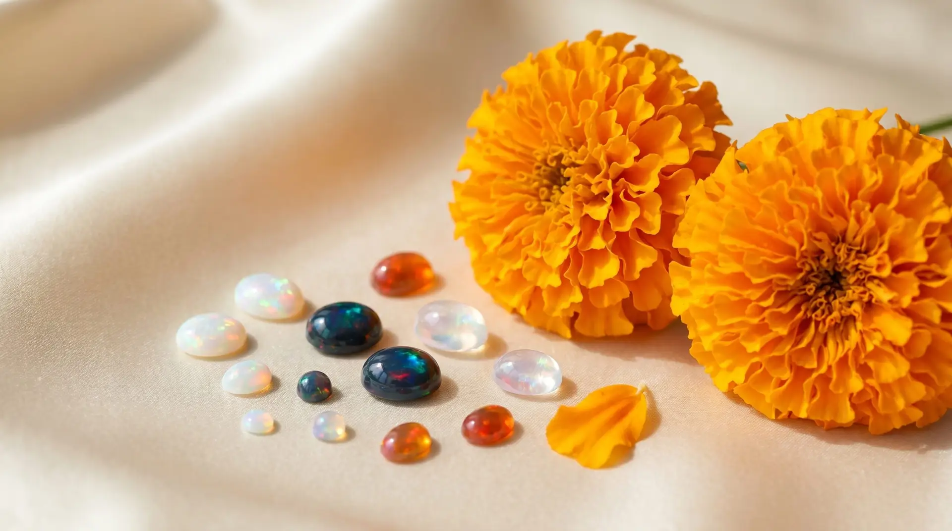 Orange marigolds beside scattered loose opal gemstones with iridescent flash on cream silk