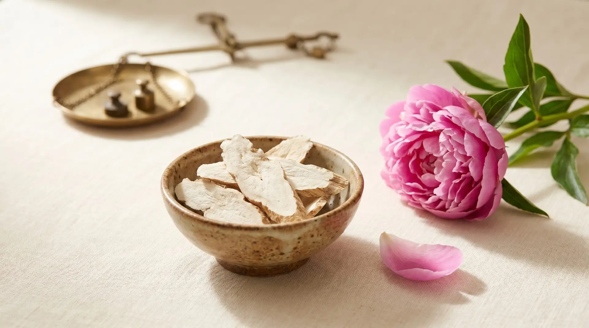 Dried white peony root baishao in ceramic bowl beside fresh peony bloom traditional medicine