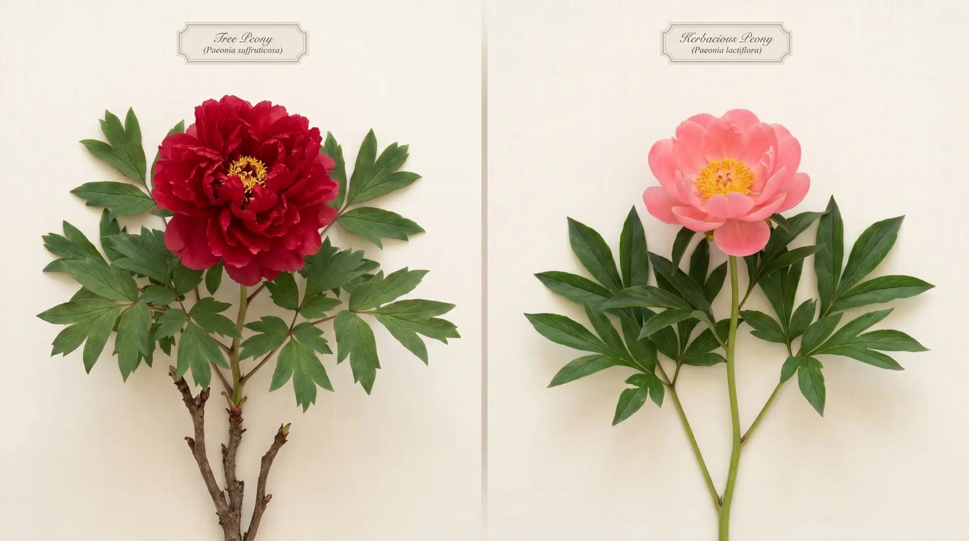 Tree peony and herbaceous peony comparison side-by-side botanical reference on cream linen