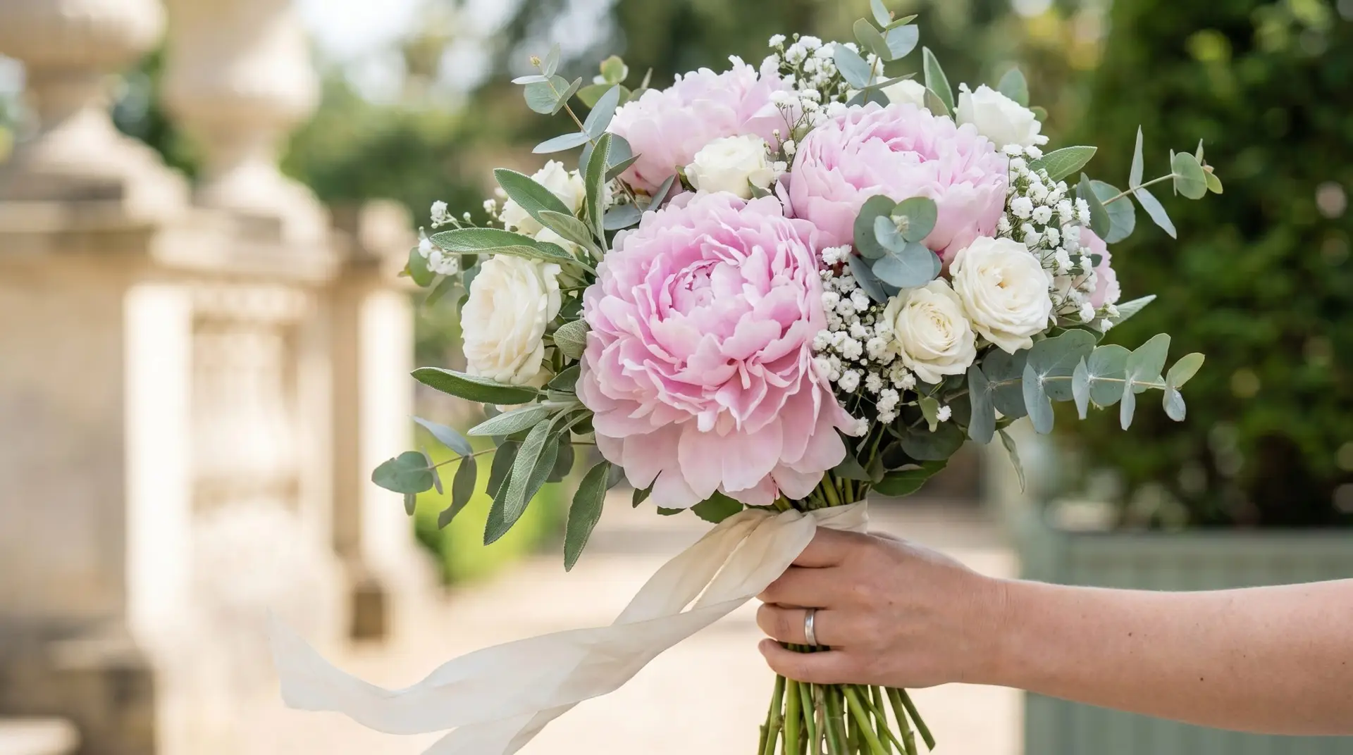 Pink peony wedding bridal bouquet with white roses and cream silk ribbon held casually