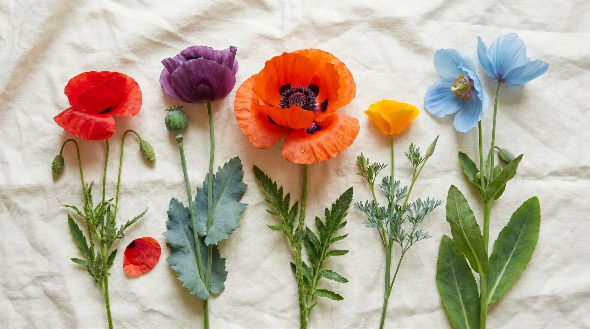 Five poppy species comparison field opium oriental California and Himalayan blue on cream linen