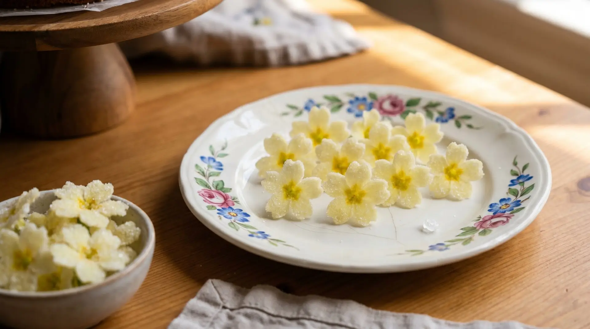 Crystallized yellow primrose petal confections on antique white porcelain plate with floral border