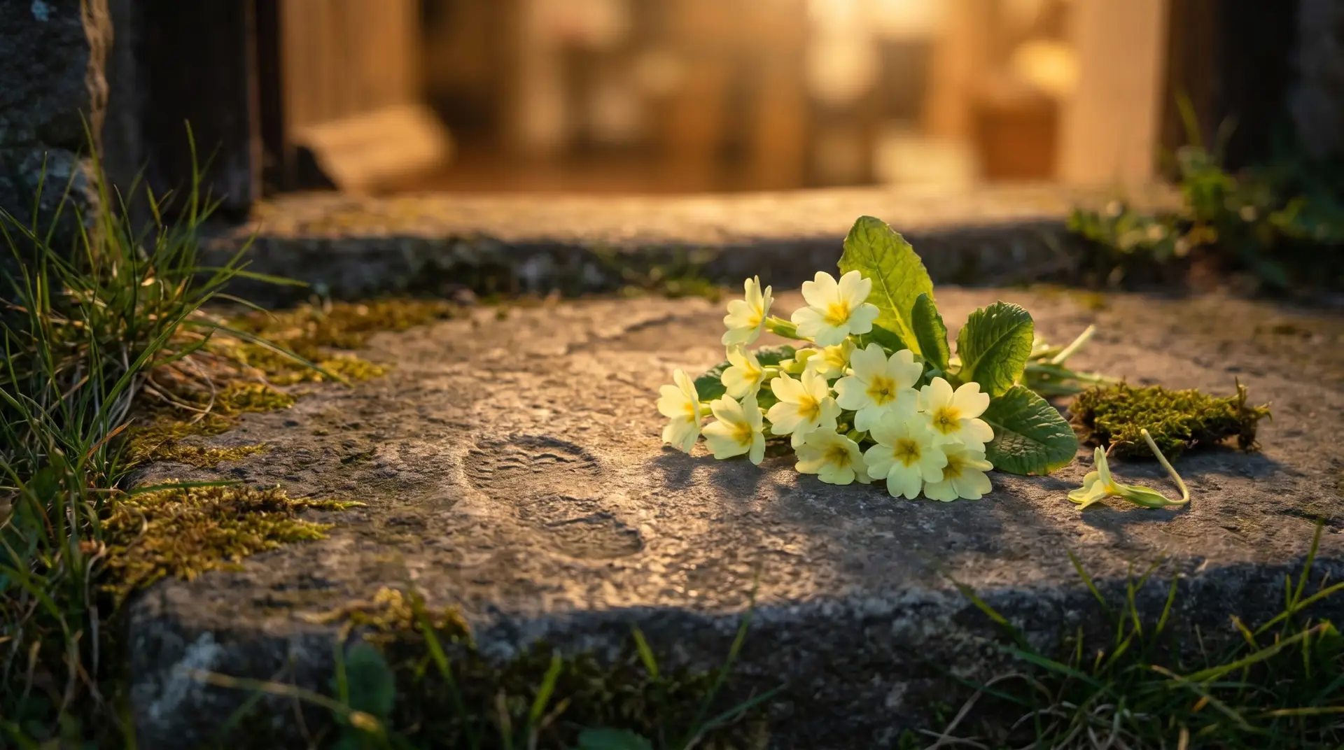 Bunch of fresh yellow primroses arranged on weathered stone cottage doorstep in Celtic folk tradition