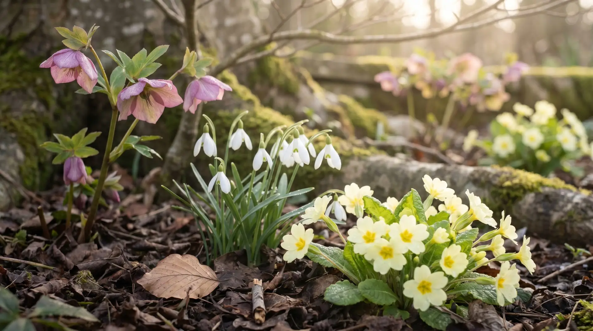 Late winter shade garden showing primrose with snowdrops and hellebores under bare deciduous tree