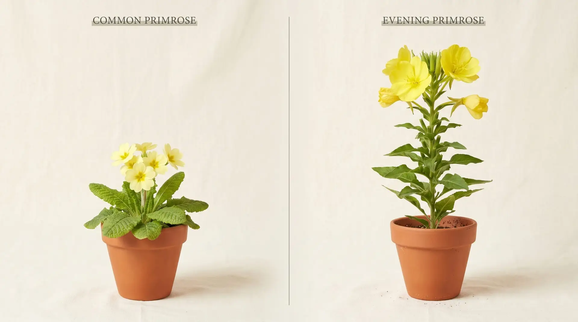 Split-frame comparison of common primrose Primula vulgaris and tall evening primrose Oenothera biennis