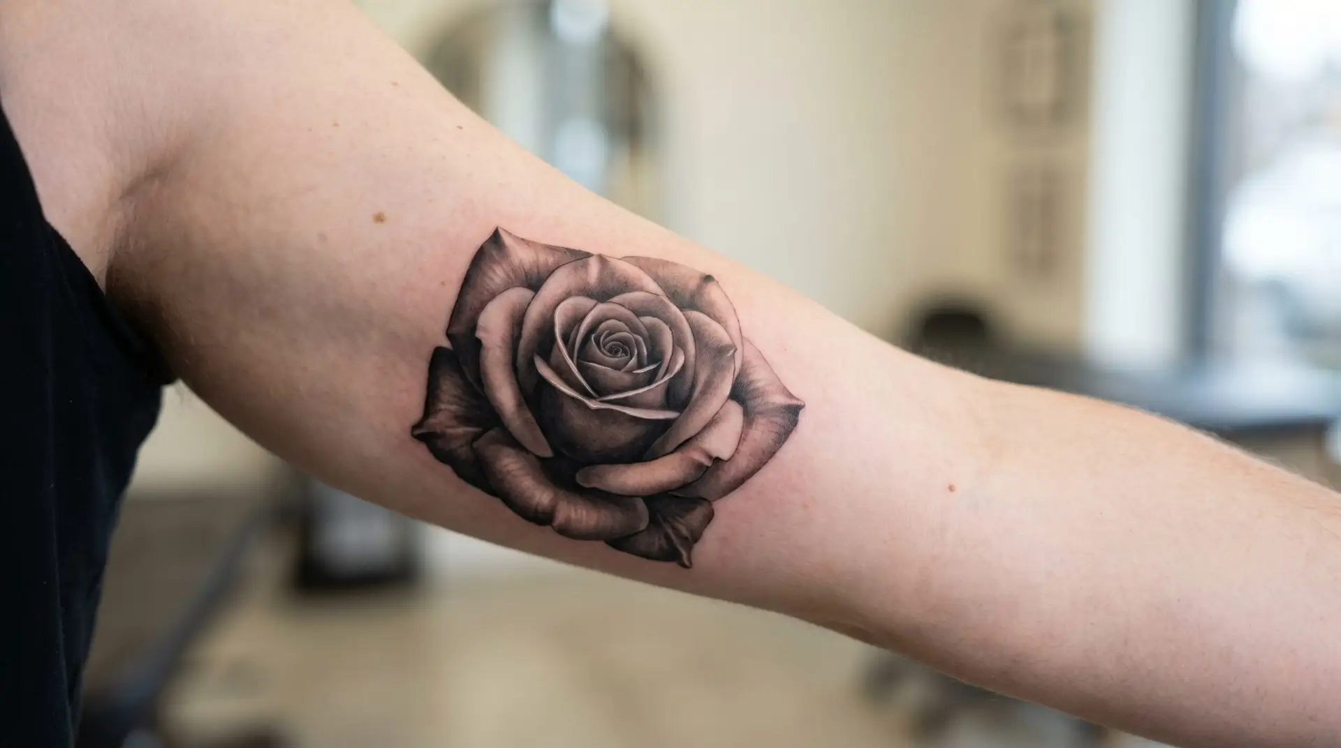 Photorealistic black-and-grey rose tattoo on bicep with dimensional shading and intricate petal texture