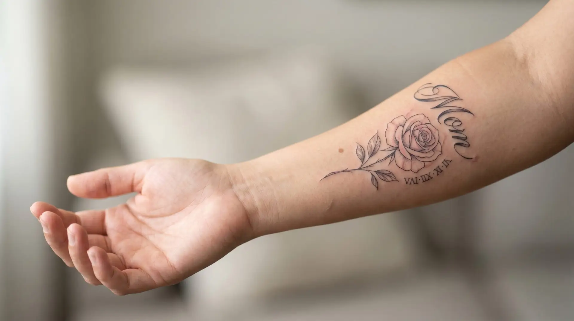 Memorial rose tattoo on forearm with name script and Roman numerals date in fine-line style