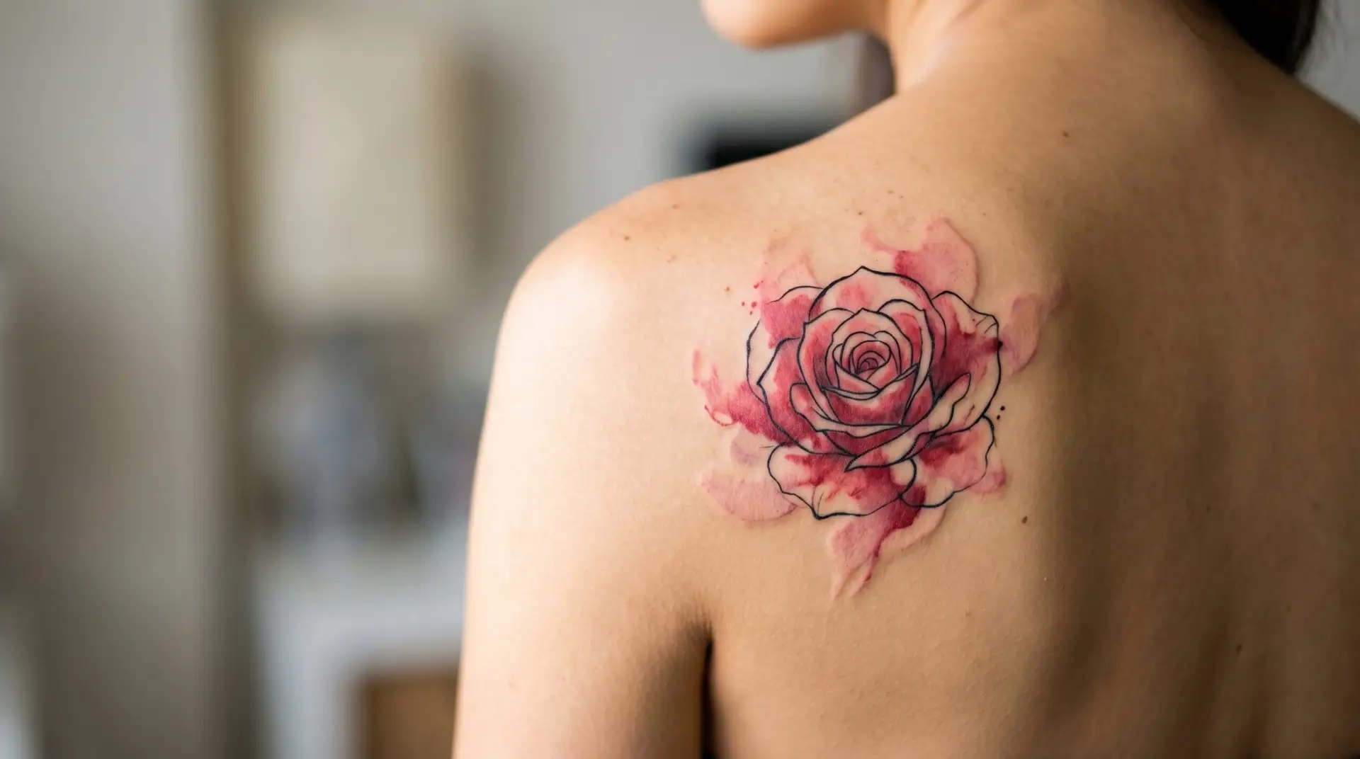 Watercolor rose tattoo on shoulder blade with soft pink and red ink bleeding around central outline