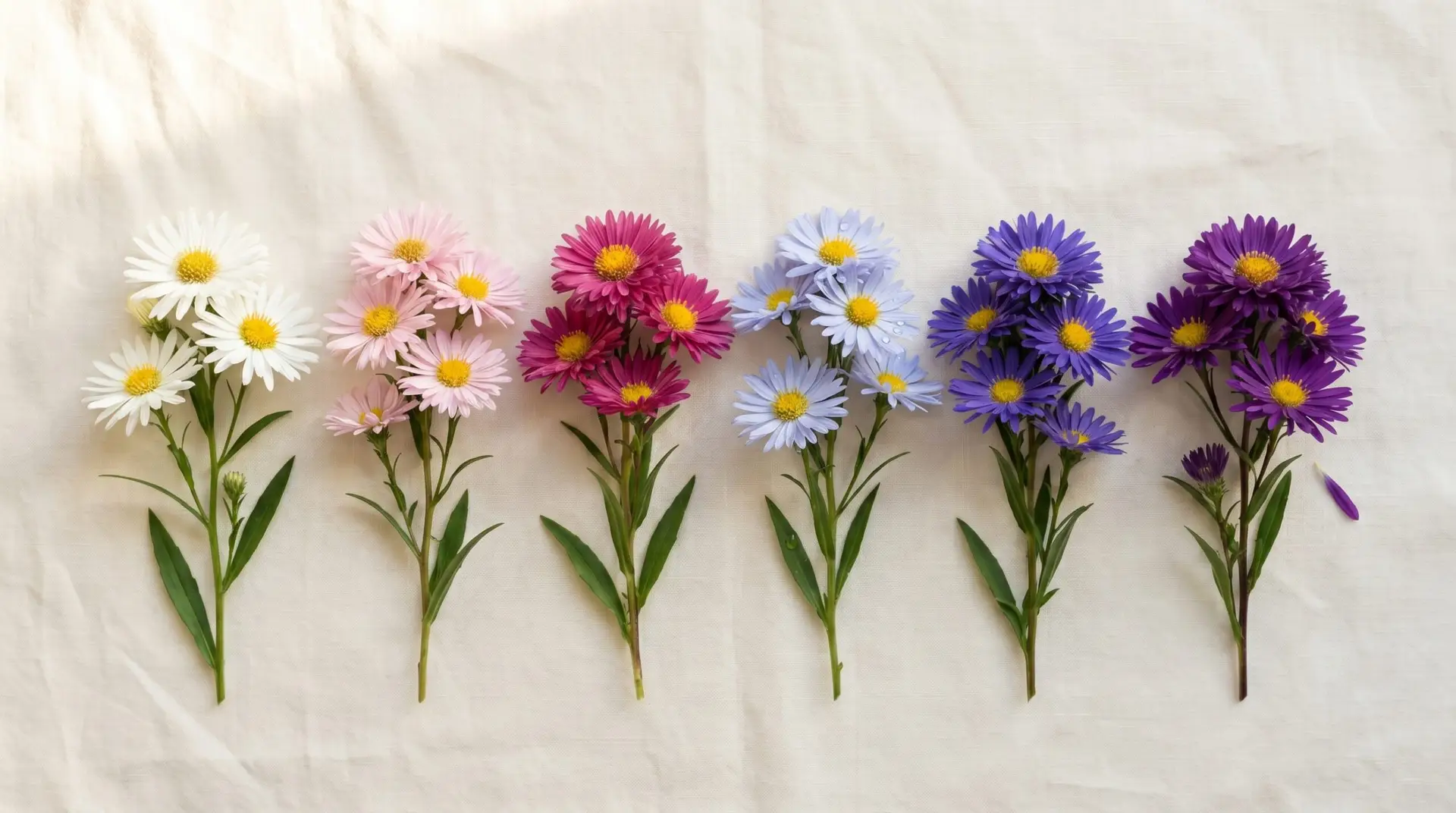 Six aster color varieties from white to deep purple arranged for botanical color reference