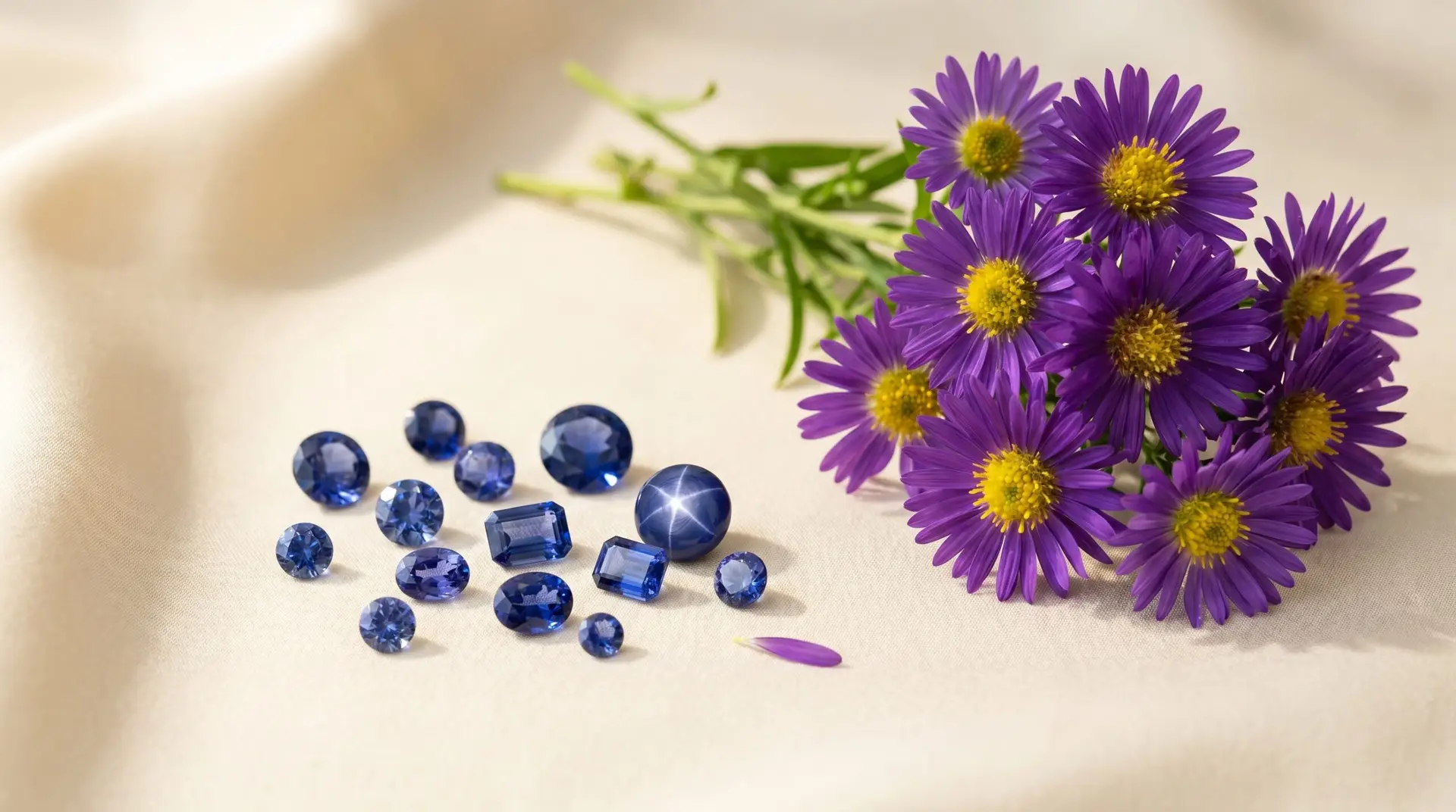 Purple aster bouquet beside scattered loose sapphire gemstones on cream silk birthstone pairing