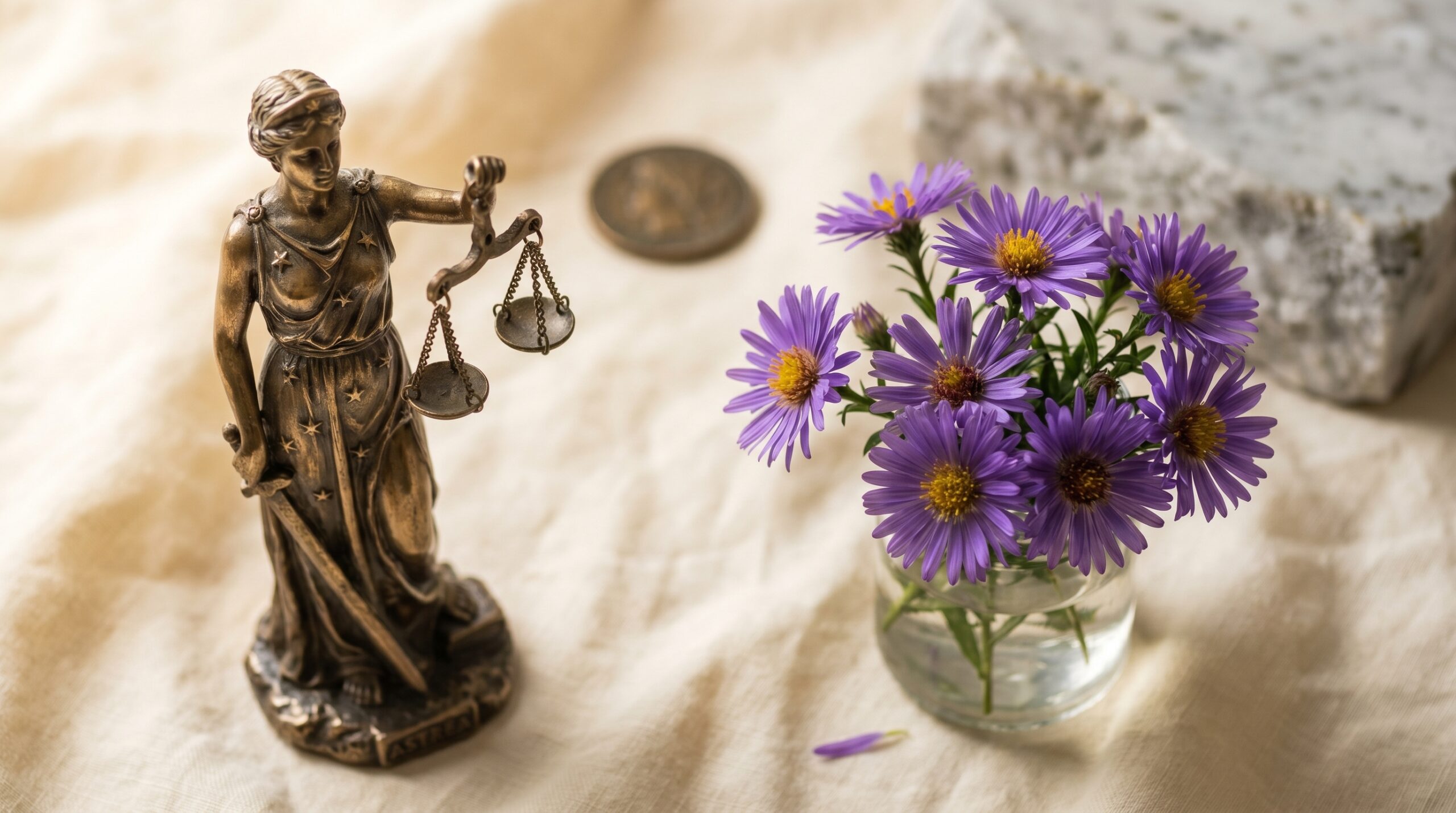 Classical Greek Astraea sculpture beside fresh purple asters on cream linen historical reference