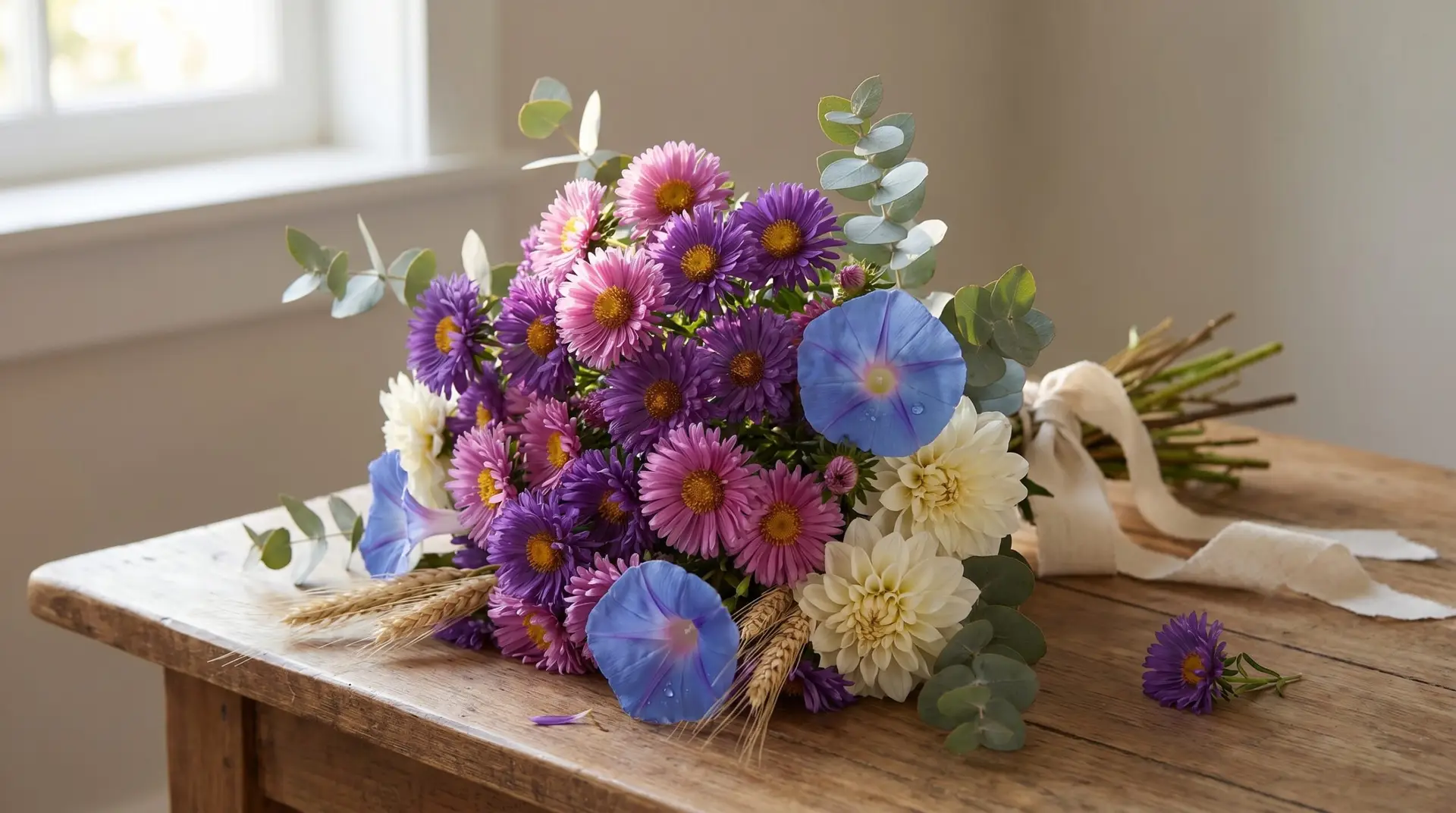 September birthday bouquet with purple asters morning glory cream dahlias and eucalyptus on wood