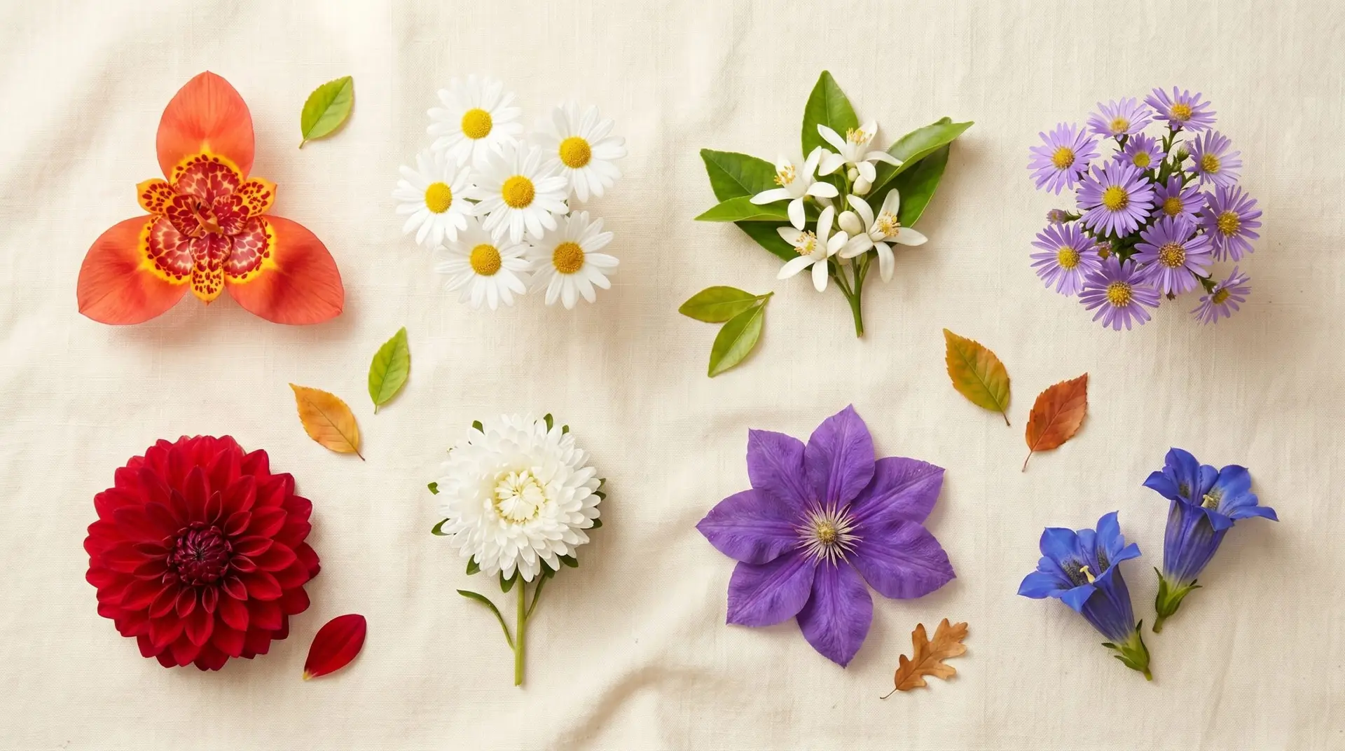 Korean September birth flower variety flat-lay with chrysanthemum aster gentian and spider lily