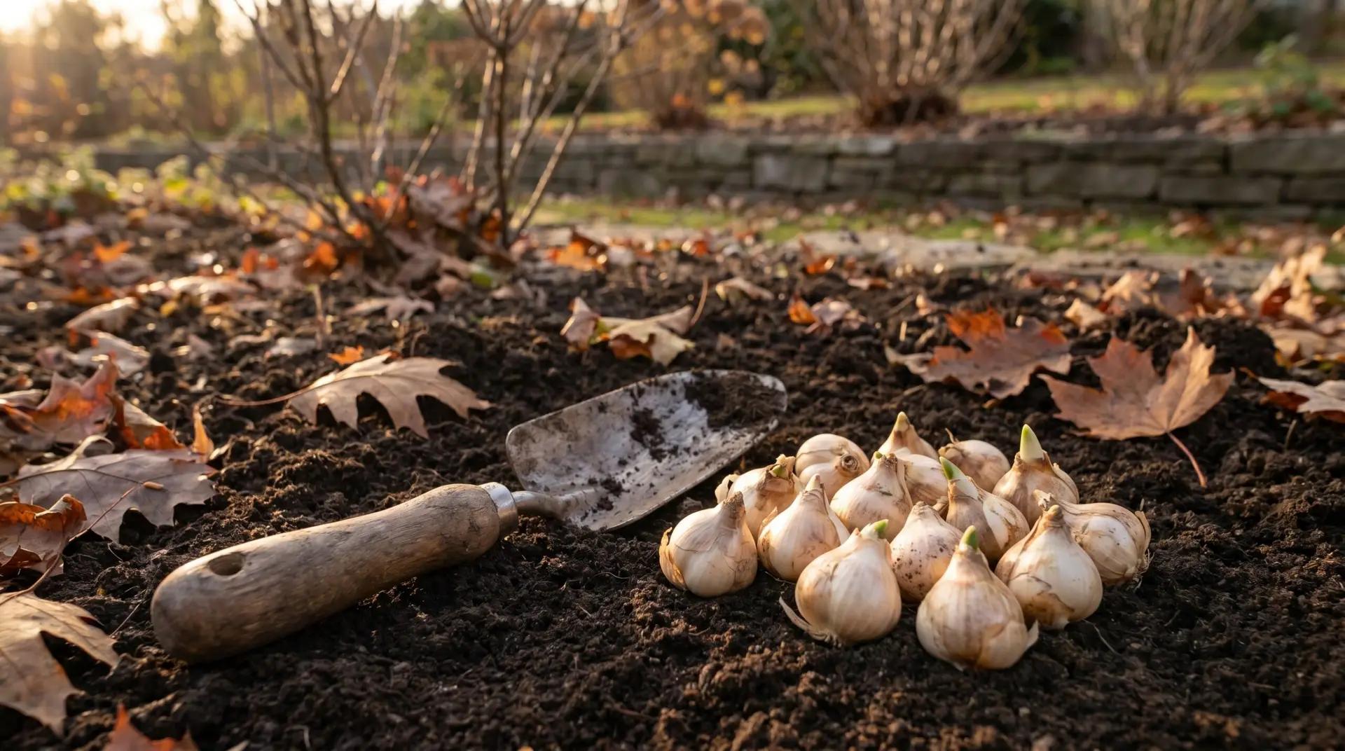 Dormant snowdrop bulbs ready for October planting with garden trowel on autumn soil