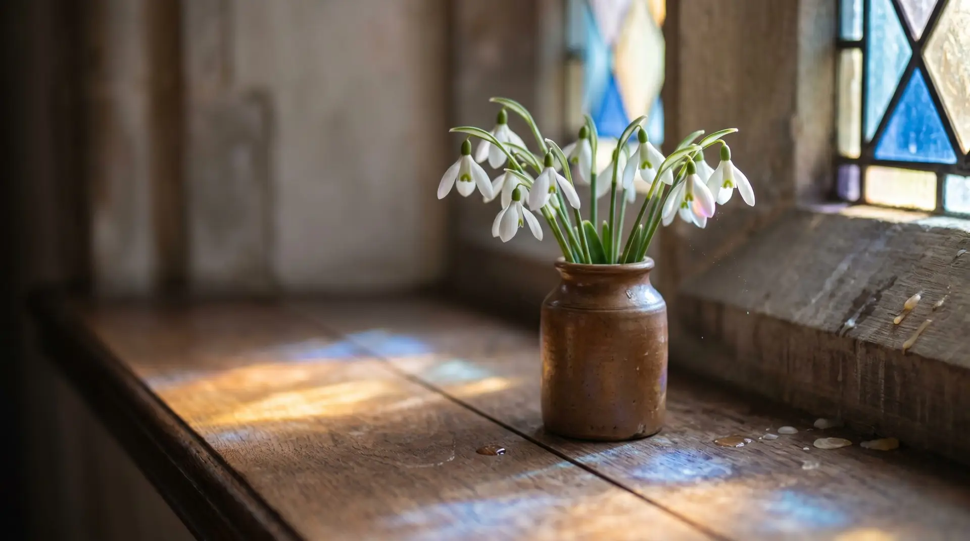Snowdrops on old church windowsill with stained-glass light suggesting Candlemas symbolism