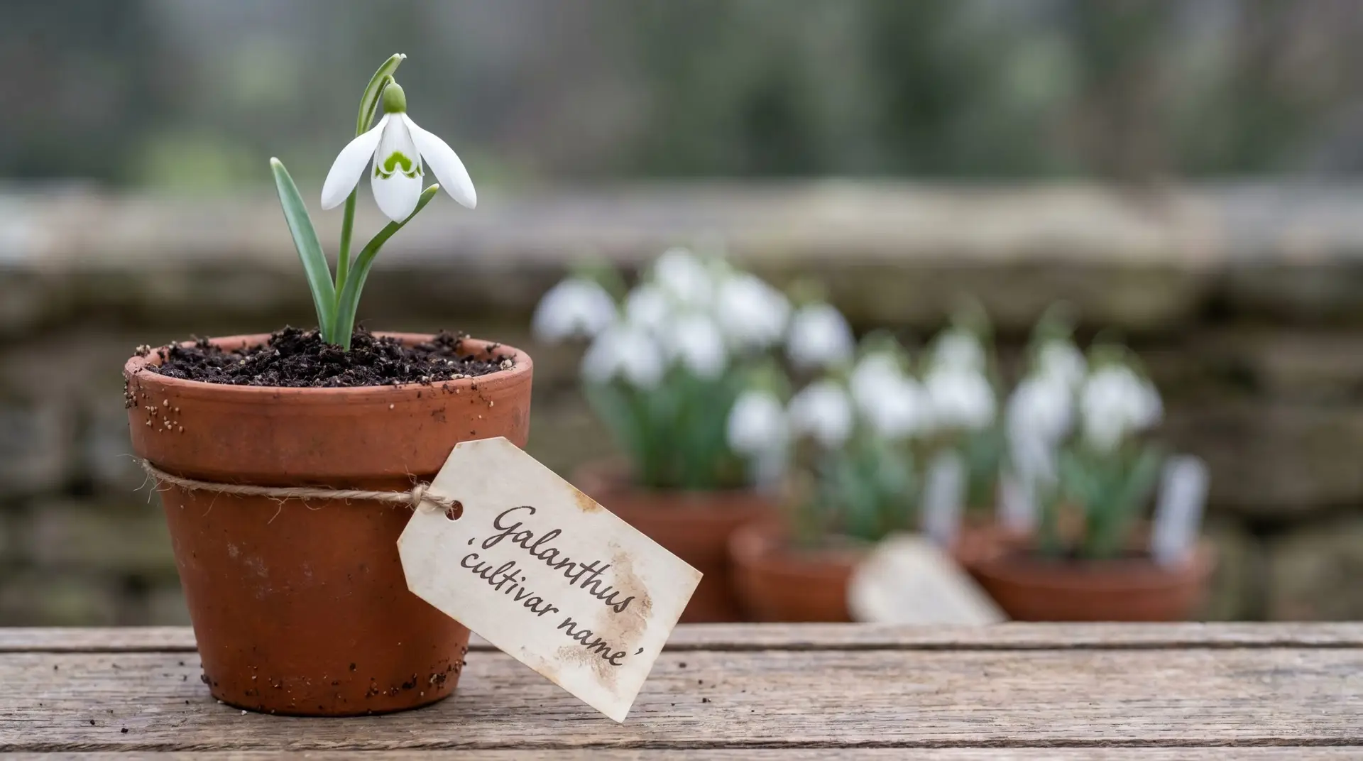 Rare named snowdrop cultivar in terracotta pot at English galanthophile gala display