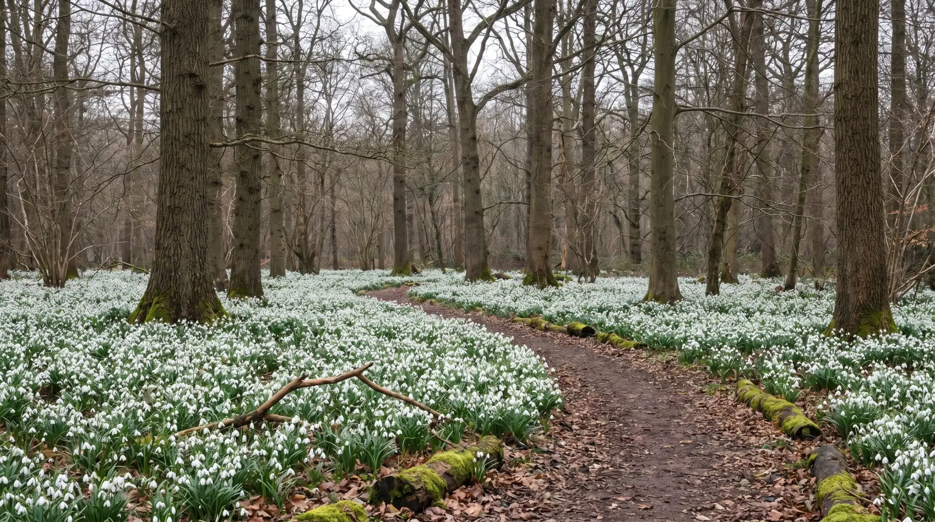 Mature naturalized snowdrop drift carpeting an English woodland floor in late January light