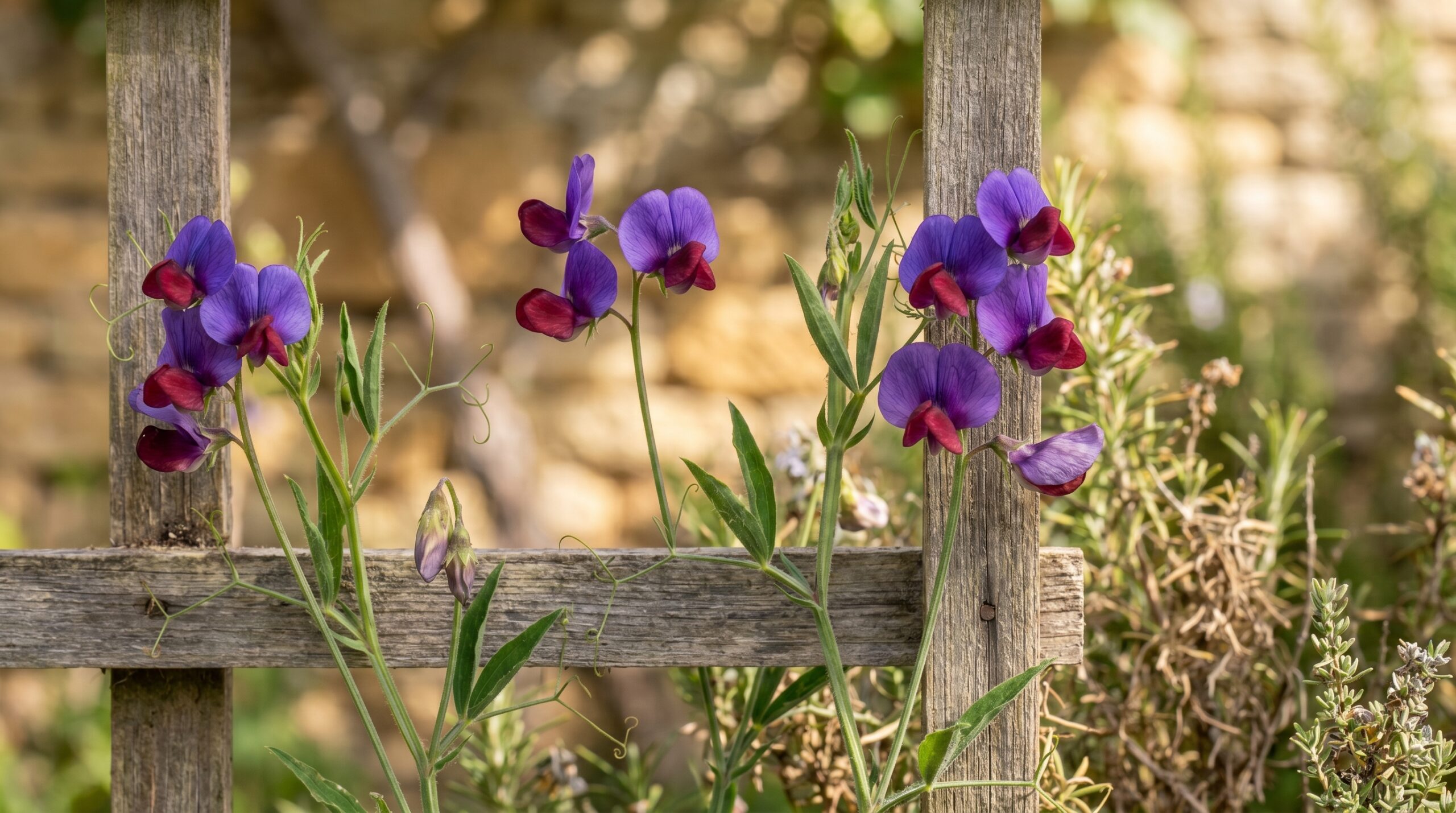 Heritage Cupani sweet pea variety with small purple-blue and maroon bicolor flowers showing 1699 original form