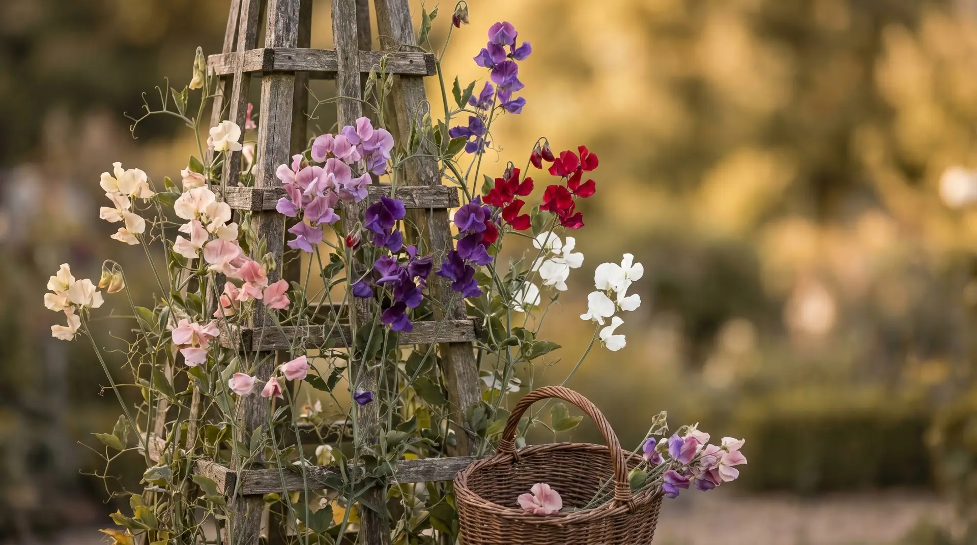 Traditional English wooden garden trellis with mixed Eckford-era sweet peas in full bloom