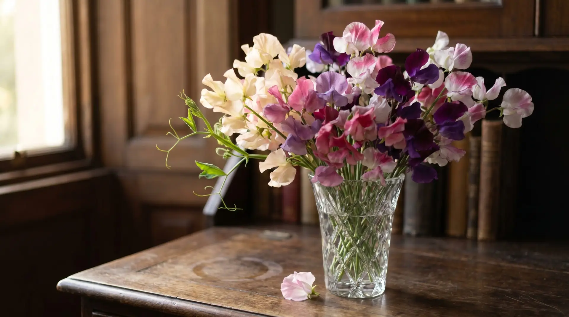 Mixed-color sweet pea bouquet in vintage crystal vase on antique desk in soft afternoon Edwardian-era light