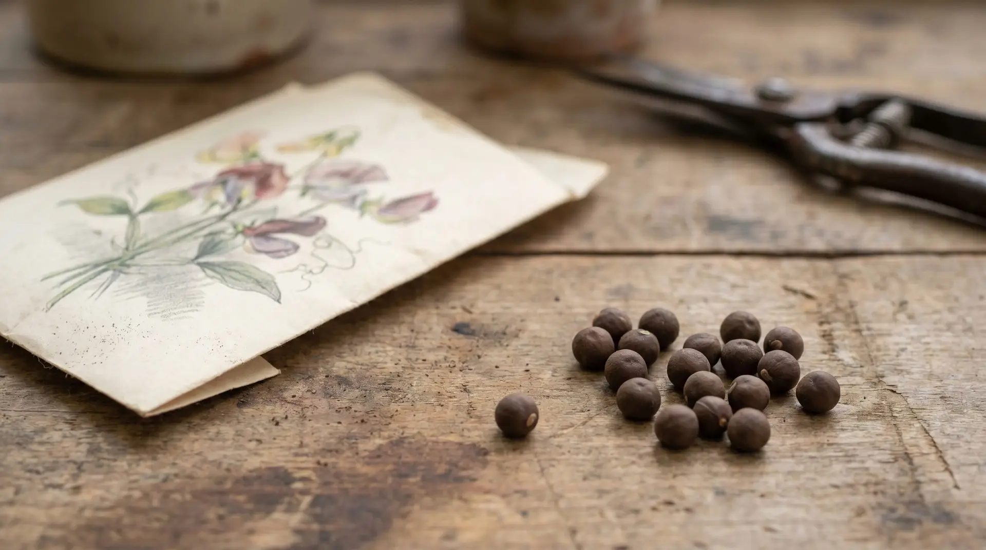Dark brown sweet pea seeds beside vintage Edwardian-style seed packet on worn wooden potting bench