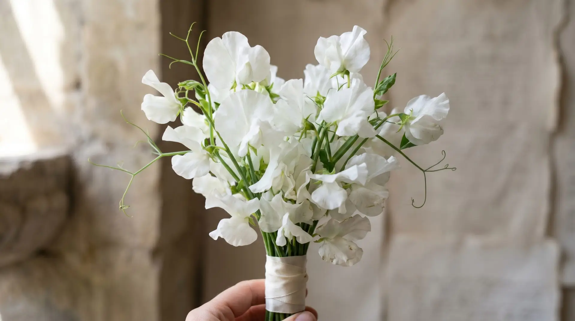 Small elegant all-white sweet pea wedding bouquet wrapped in cream silk ribbon with fresh green tendrils