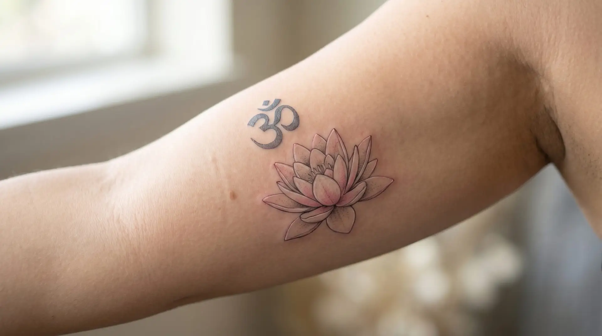 Buddhist-style water lily tattoo on upper arm with lotus form and small Sanskrit om symbol above