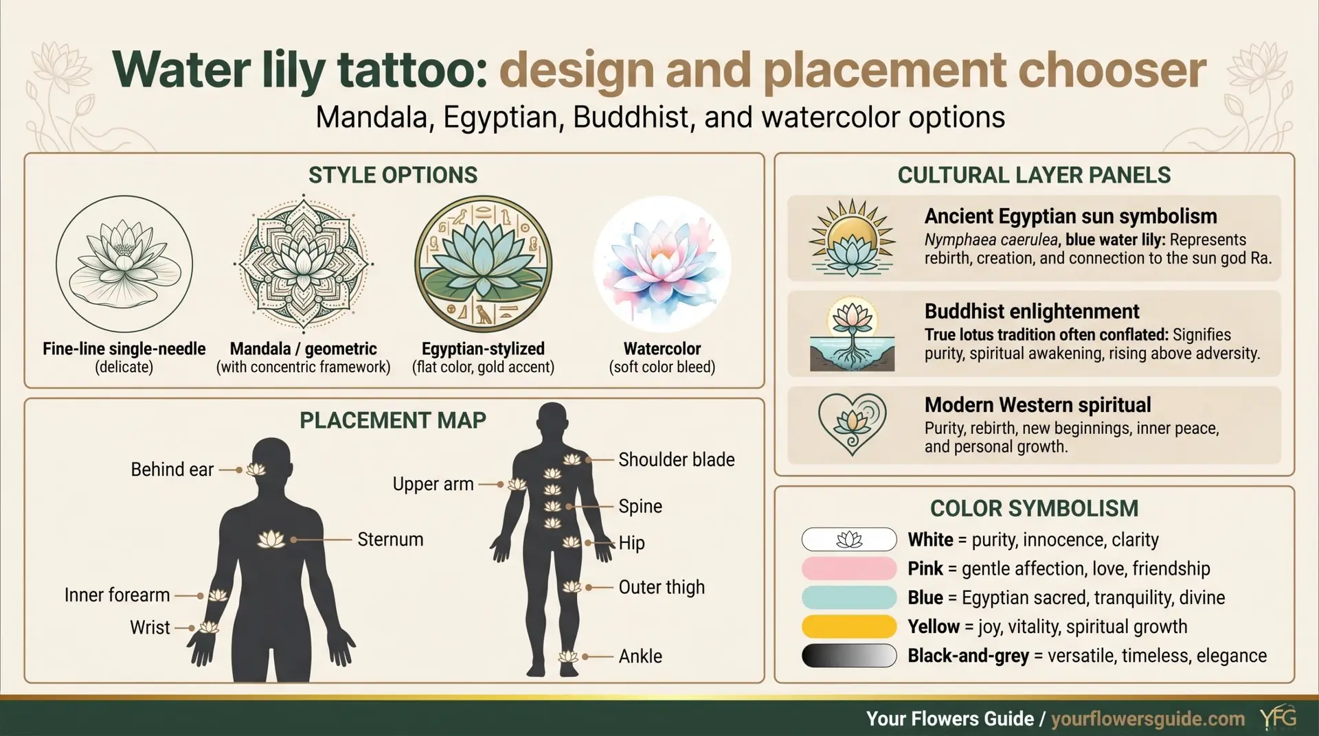 Water lily tattoo design chooser infographic showing styles cultural layers placement and colors