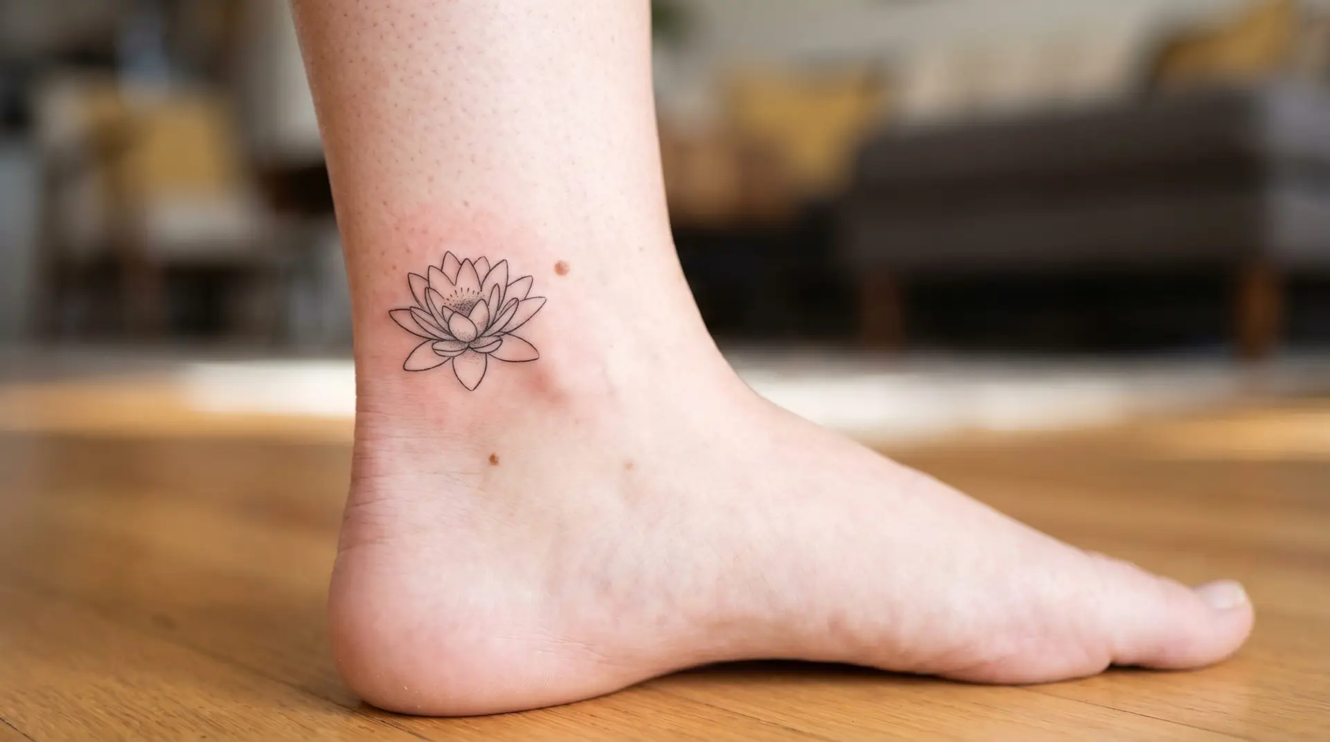 Small minimalist water lily tattoo on outer ankle rendered in fine-line continuous-line style