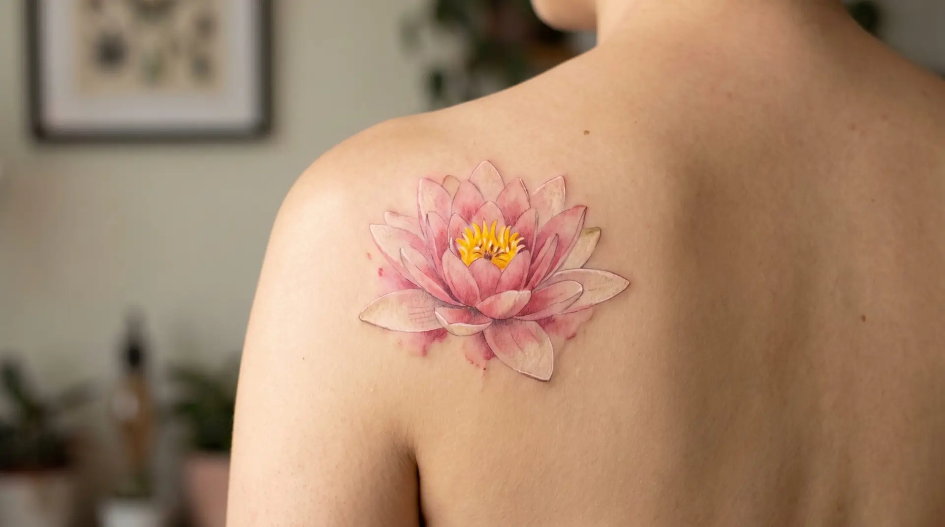 Watercolor pink water lily tattoo on shoulder blade with soft pink and cream ink bleeding outward