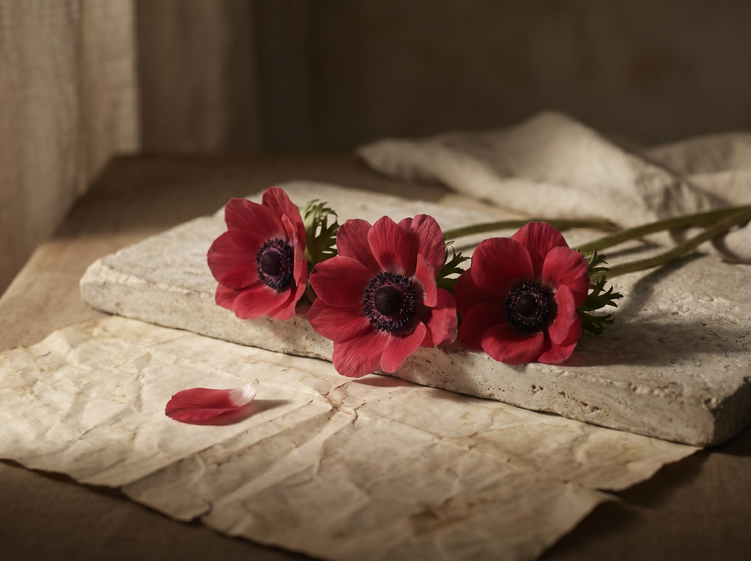 Crimson anemones in a somber still life evoking the Aphrodite and Adonis myth of mourning