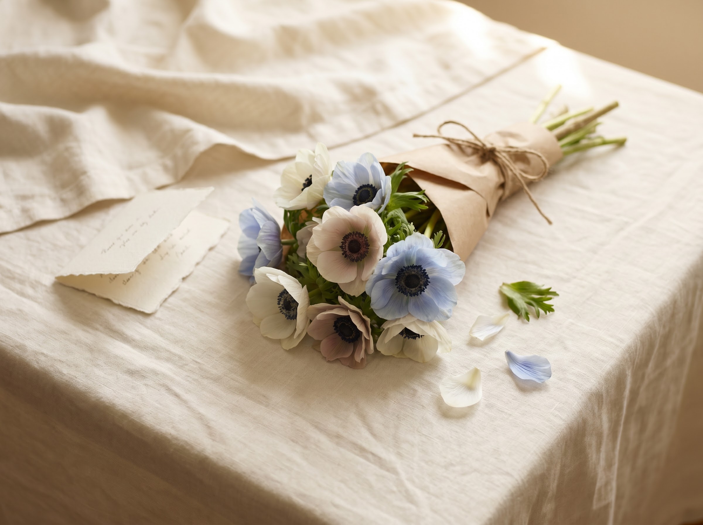 Pale anemone bunch beside a handwritten gift card, the hopeful note to give with anemones