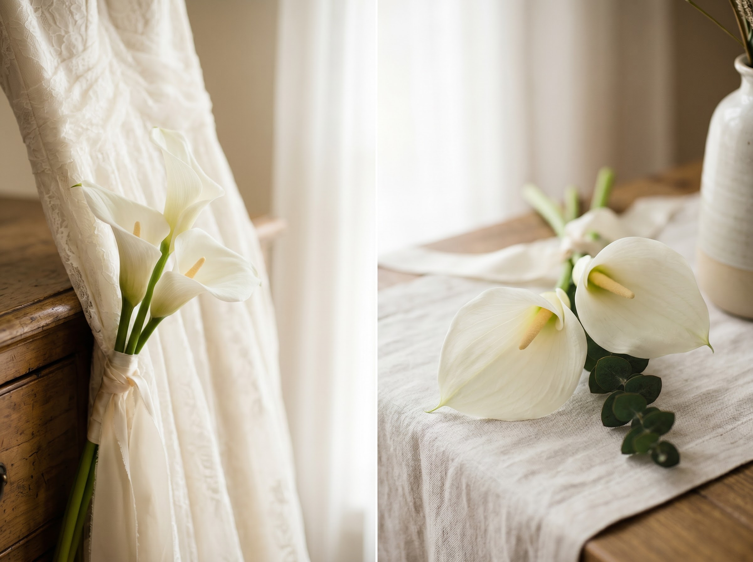 White calla lily shown in both a wedding bouquet and a funeral sympathy spray side by side