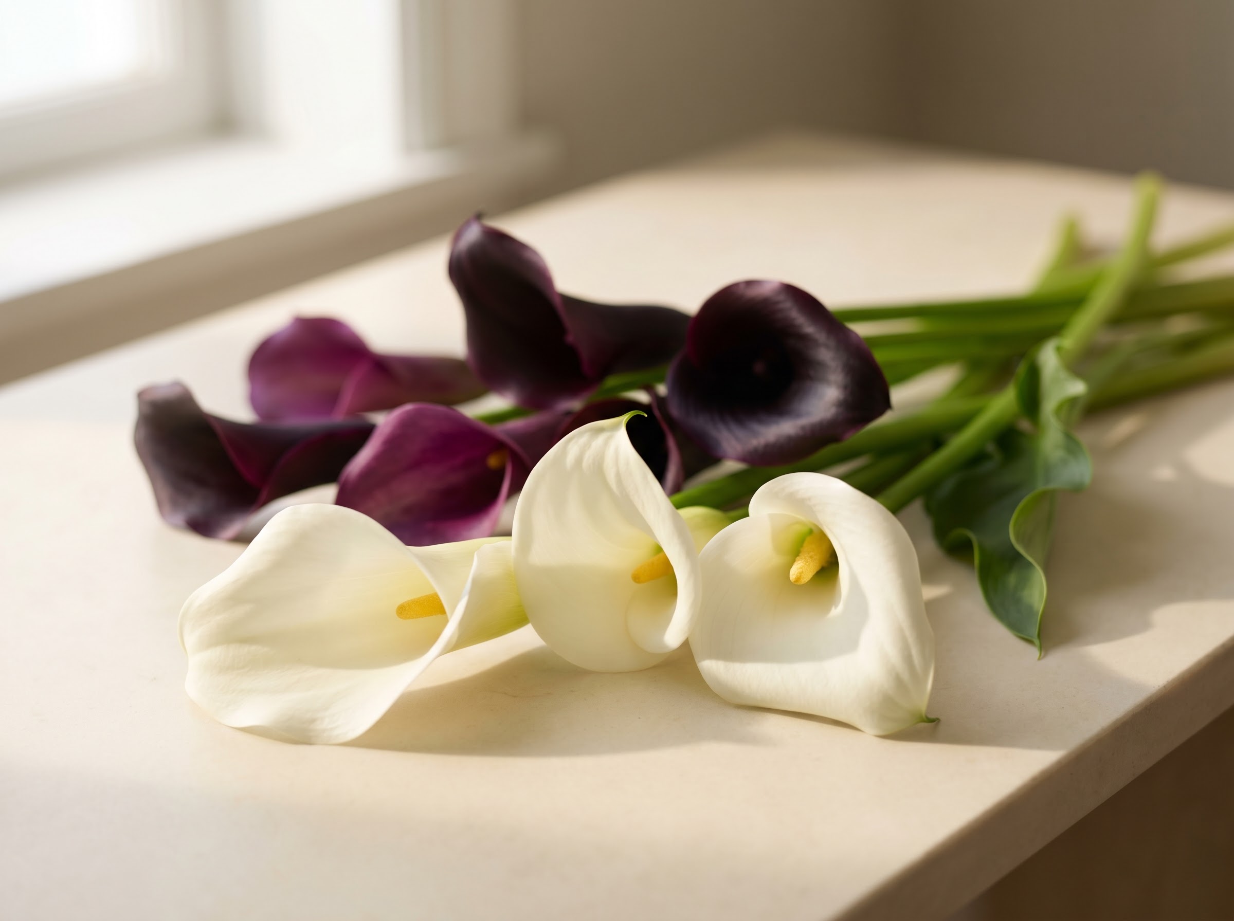 White calla lilies beside deep purple and near-black calla cultivars showing colour variants