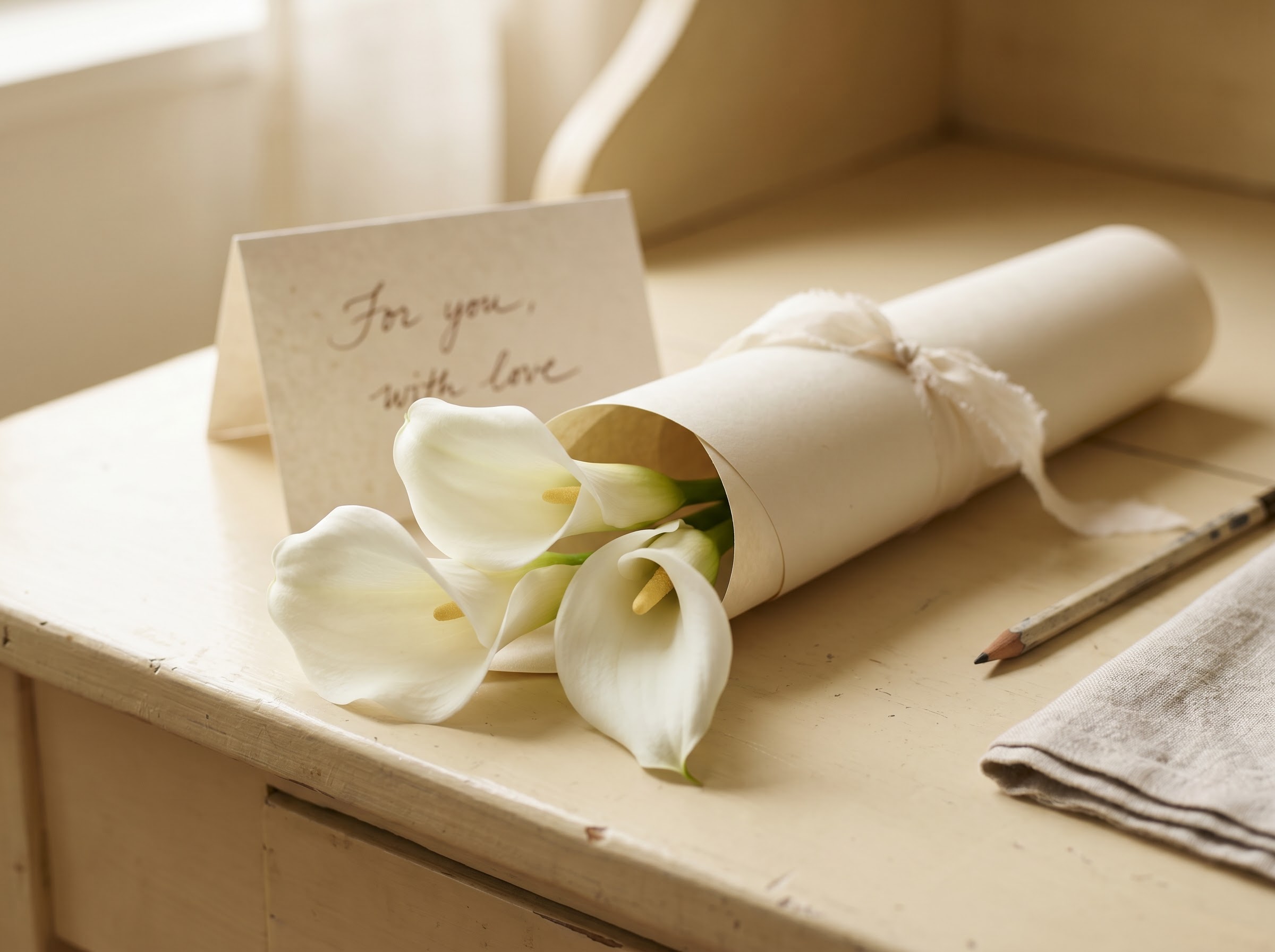 Handwritten calla lily wedding card beside a small bunch of white calla stems