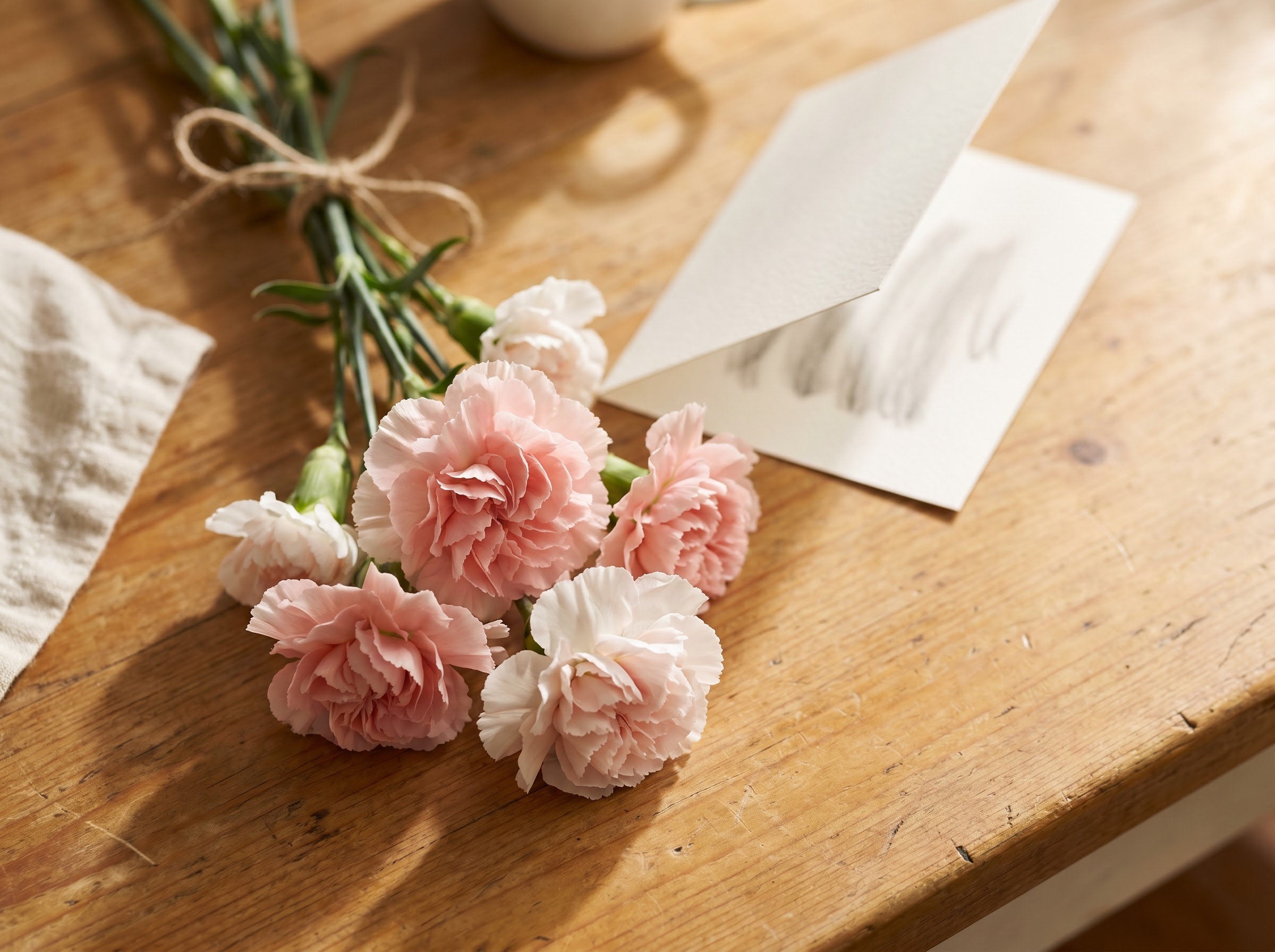 Pink and white carnations beside a handwritten thank-you card as a Mother's Day gift