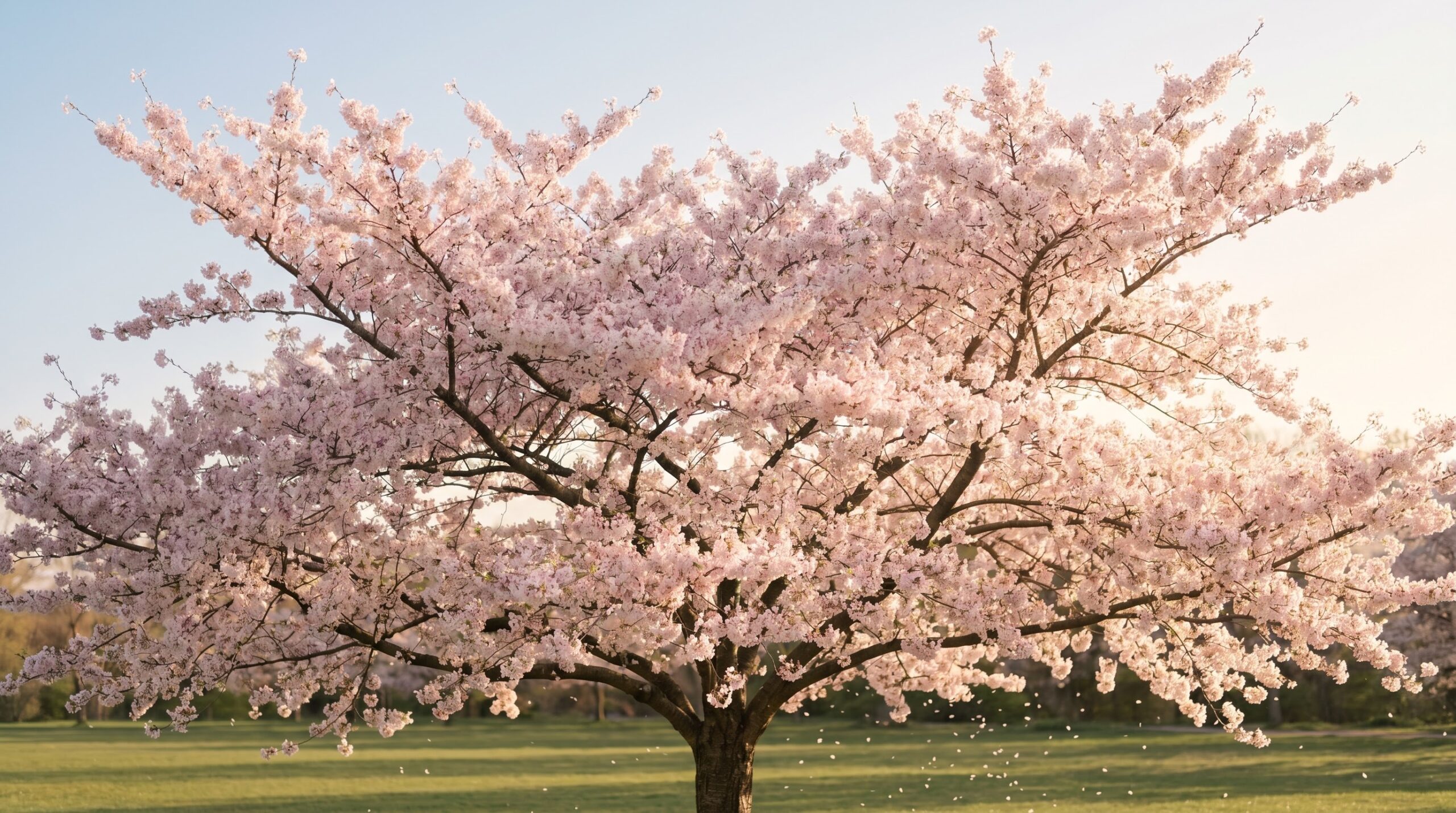 Cherry tree in full pale pink bloom against a soft spring sky showing fleeting beauty