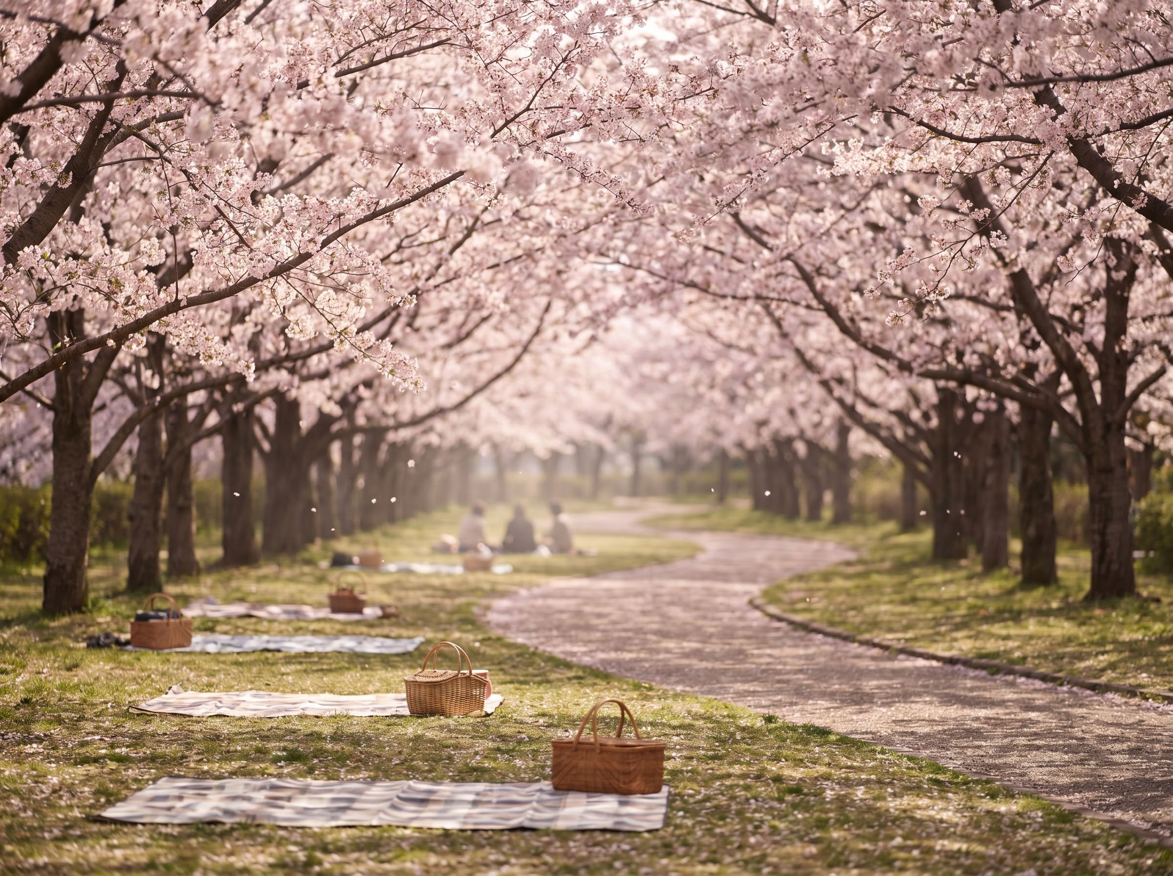 Hanami flower-viewing under blooming sakura cherry trees in a Japanese spring park