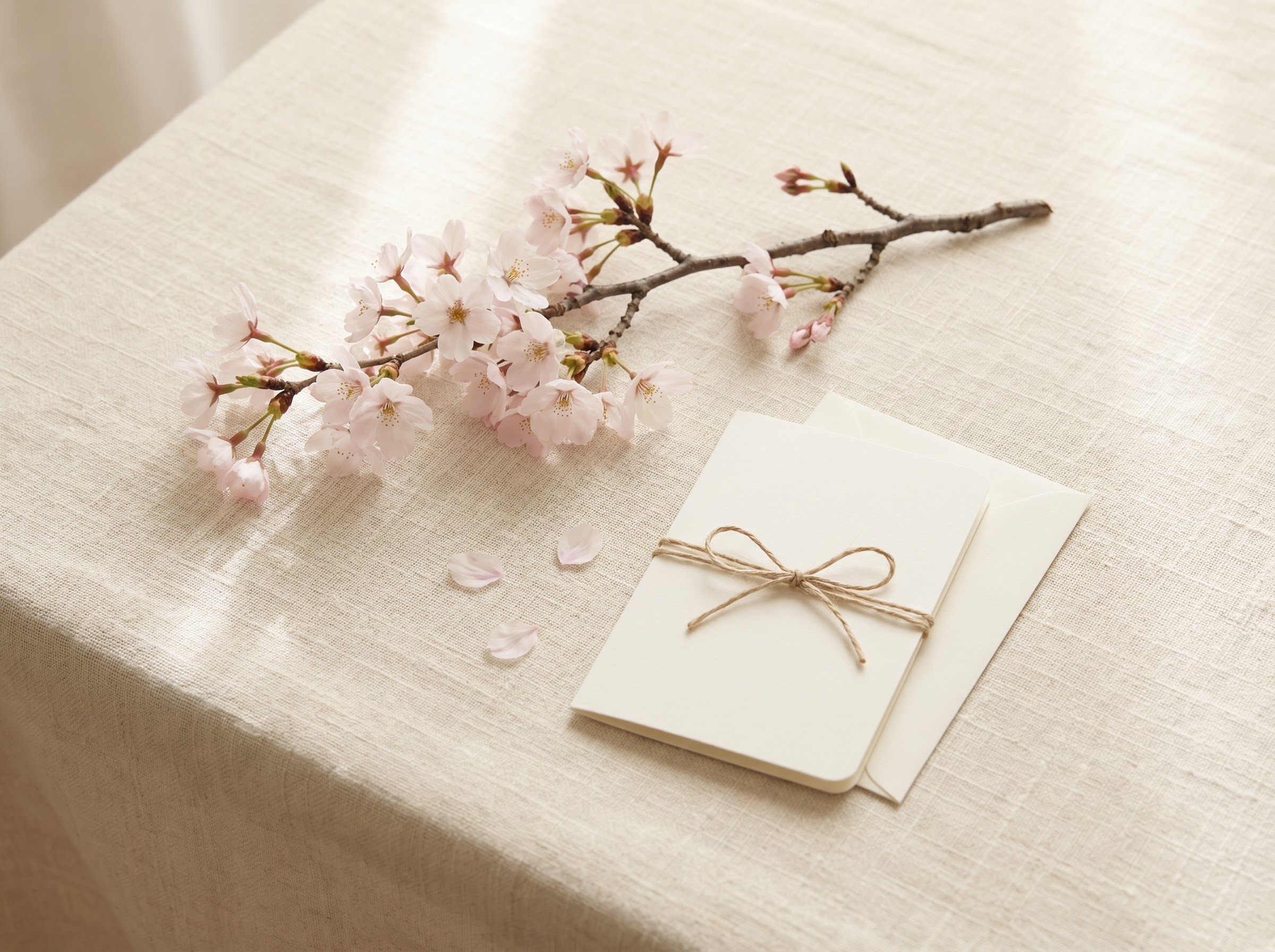 Cherry blossom branch laid beside a handwritten card to mark a fleeting moment