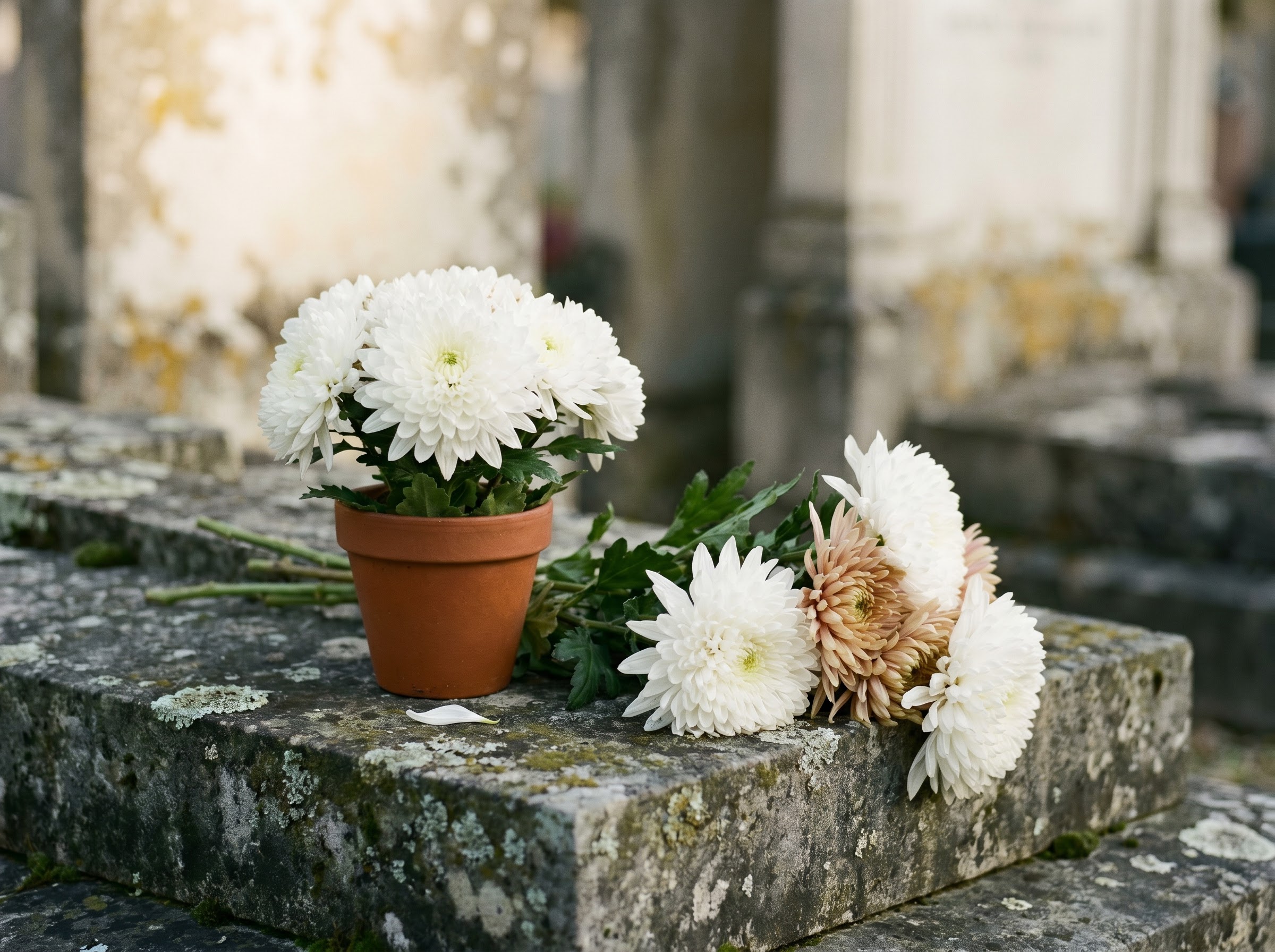 White chrysanthemums laid on a European grave illustrating the flower's funeral meaning abroad