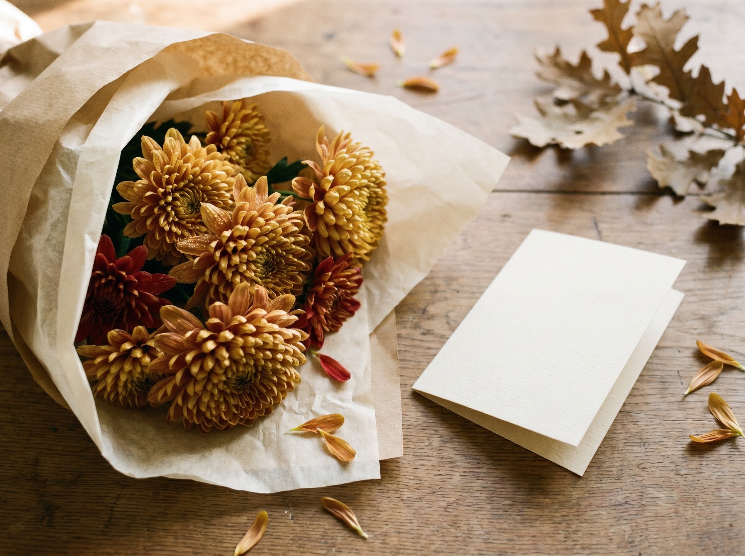 Gold and bronze chrysanthemum gift bouquet with a card wishing a long and happy life