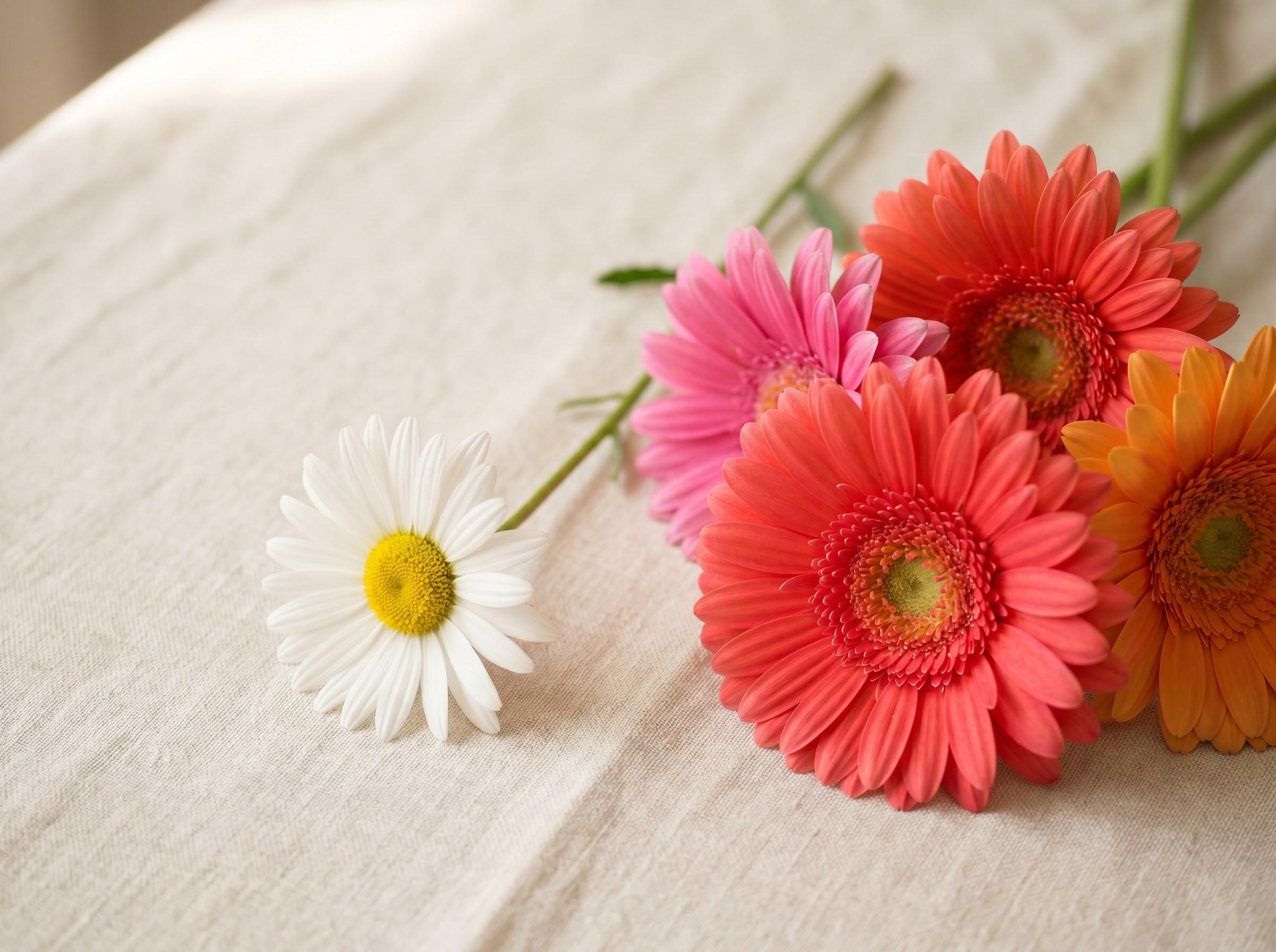 White daisy beside bright gerbera daisies showing the cheerfulness and joy of coloured daisies