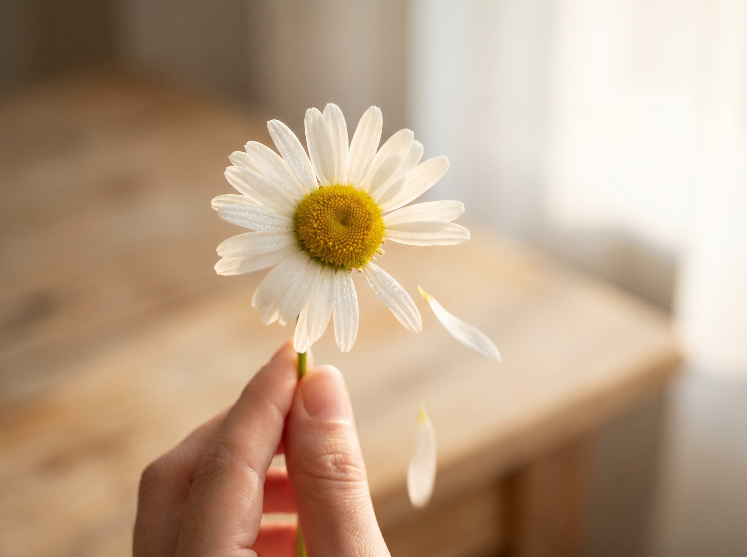 Hand plucking daisy petals for the he loves me, he loves me not love-oracle game