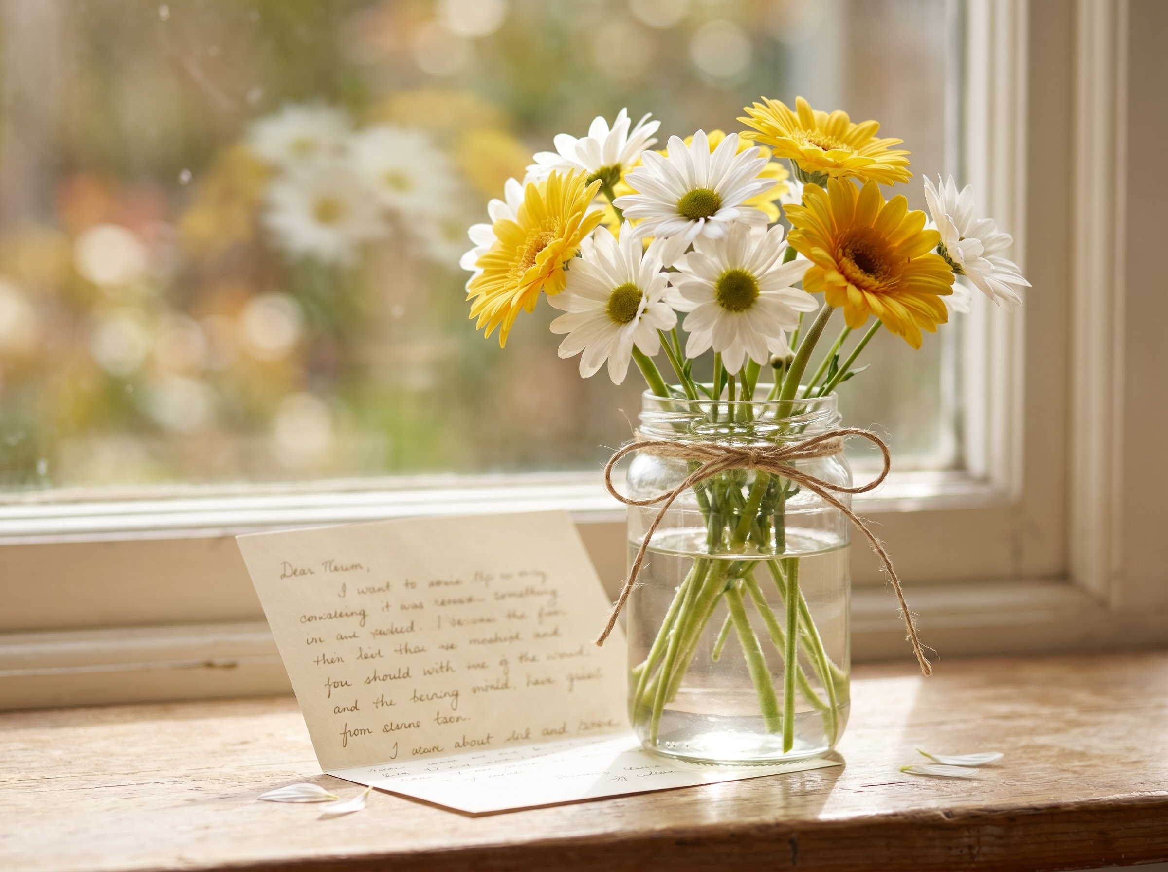 Daisy bouquet beside a handwritten card showing how to give daisies as a gift